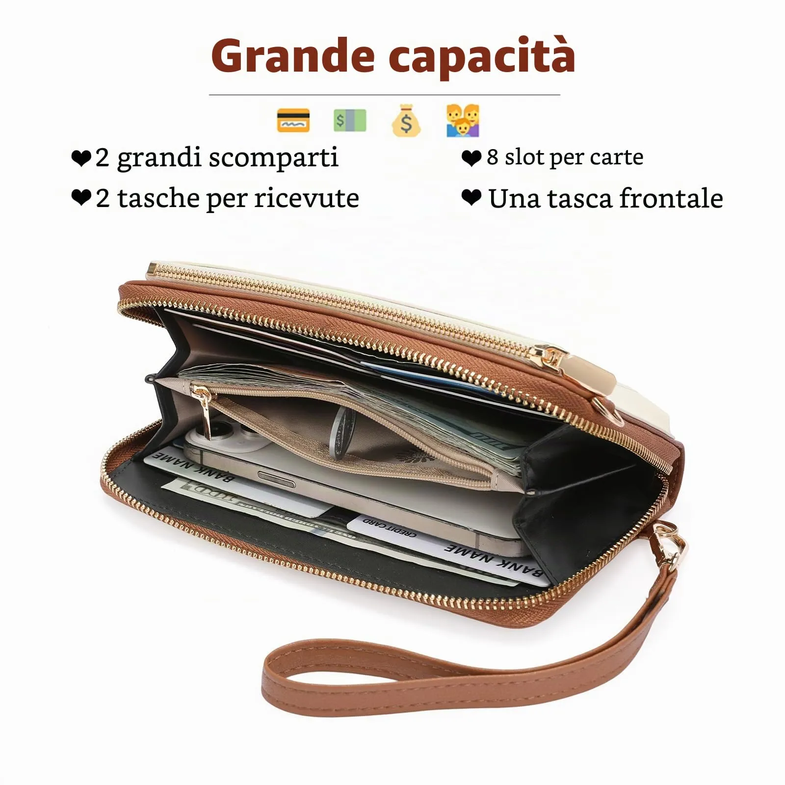 GOIACII Borsa a tracolla per telefono da donna, portafoglio da viaggio con touch screen, A09-bianco Marrone - immagine 5
