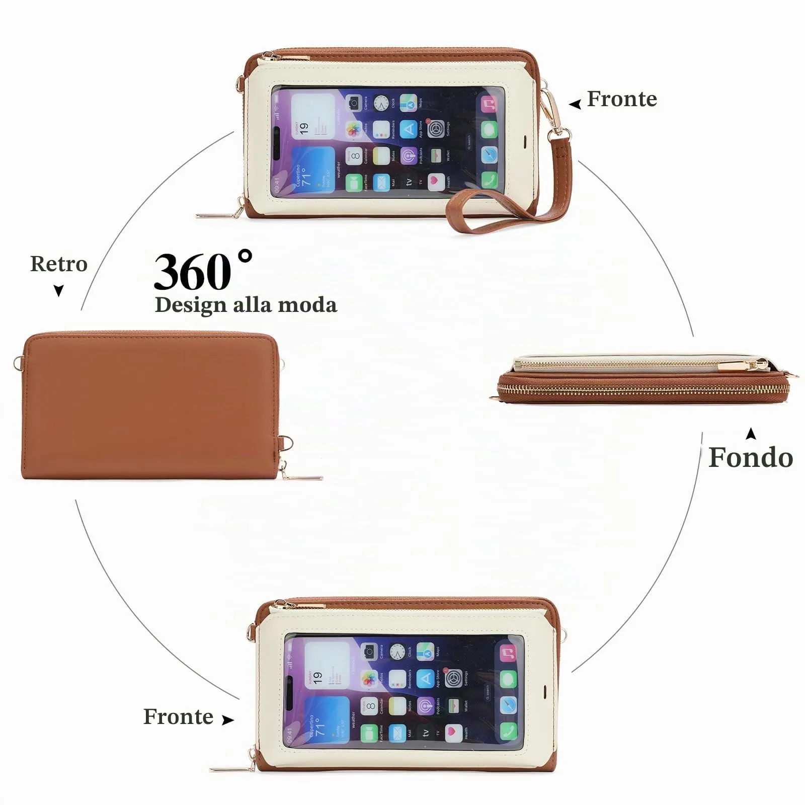 GOIACII Borsa a tracolla per telefono da donna, portafoglio da viaggio con touch screen, A09-bianco Marrone - immagine 6