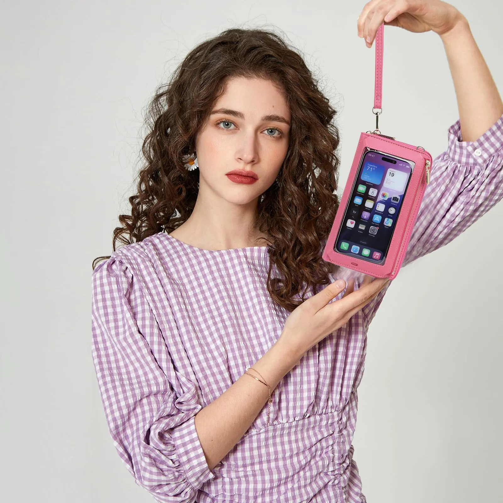 GOIACII Borsa a tracolla per telefono da donna, portafoglio da viaggio con touch screen, A10 - Rosso Rosa - immagine 2