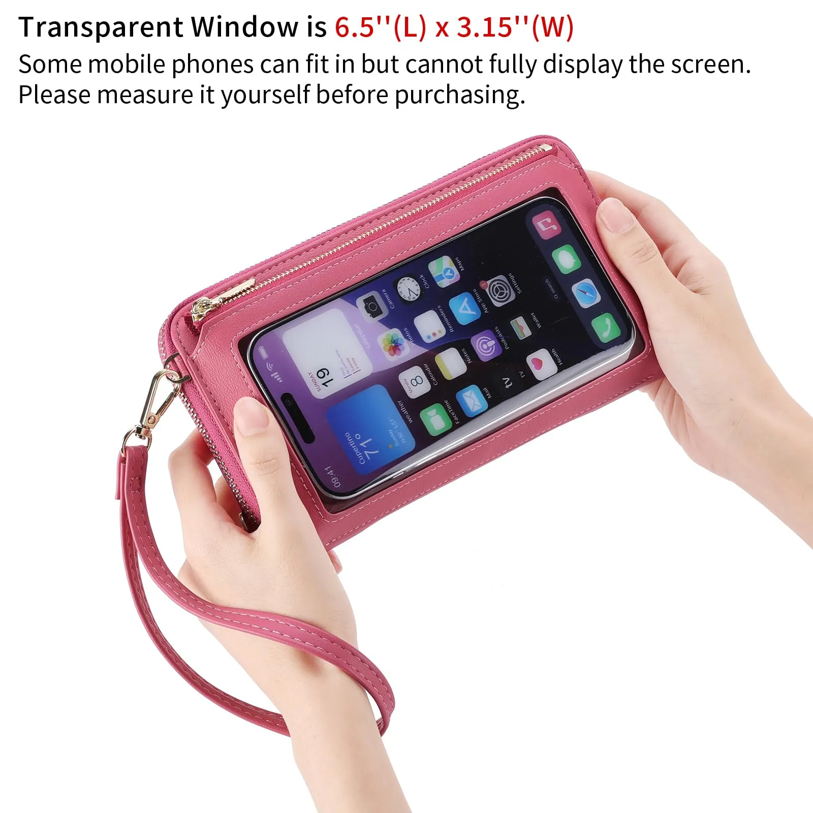 GOIACII Borsa a tracolla per telefono da donna, portafoglio da viaggio con touch screen, A10 - Rosso Rosa - immagine 4