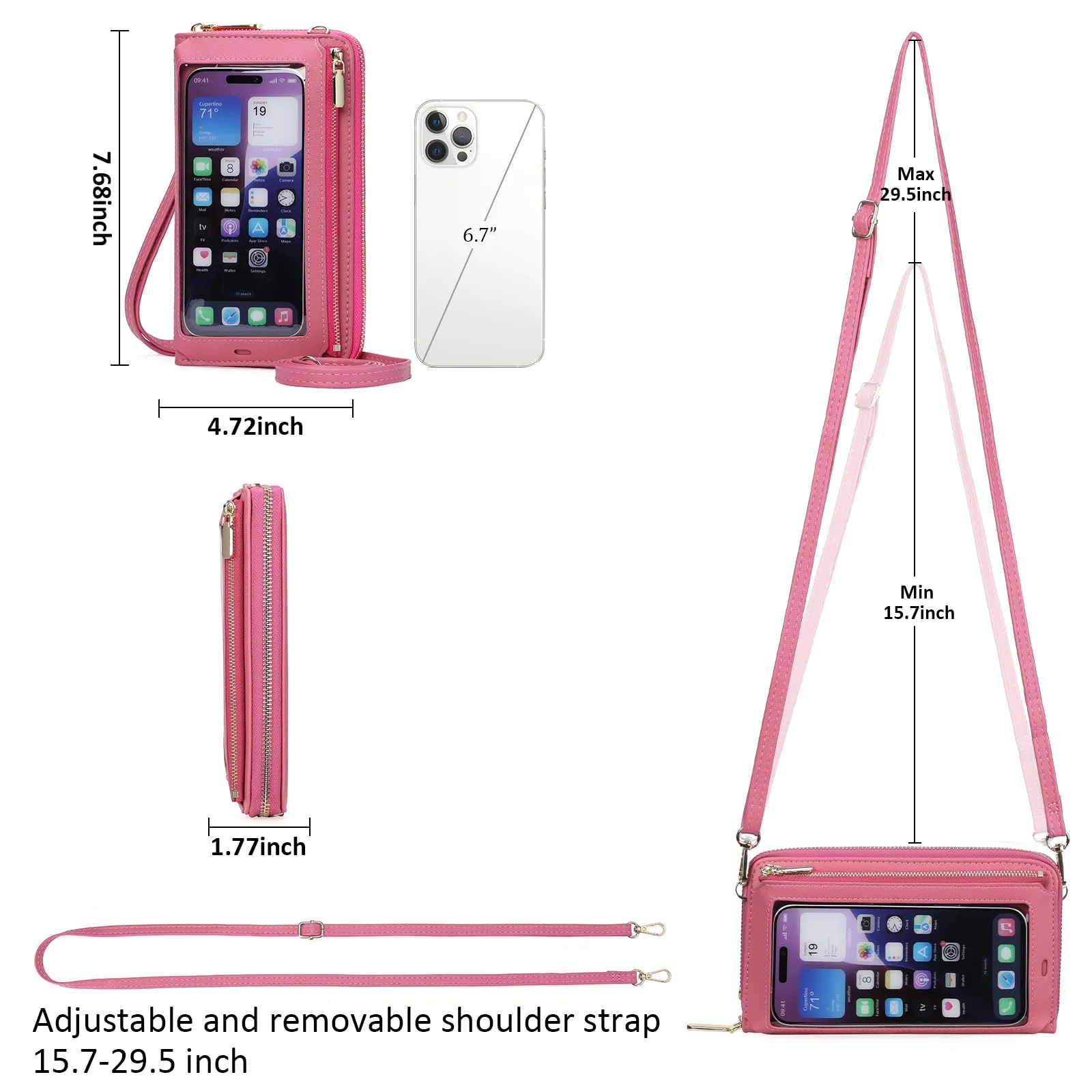 GOIACII Borsa a tracolla per telefono da donna, portafoglio da viaggio con touch screen, A10 - Rosso Rosa - immagine 7