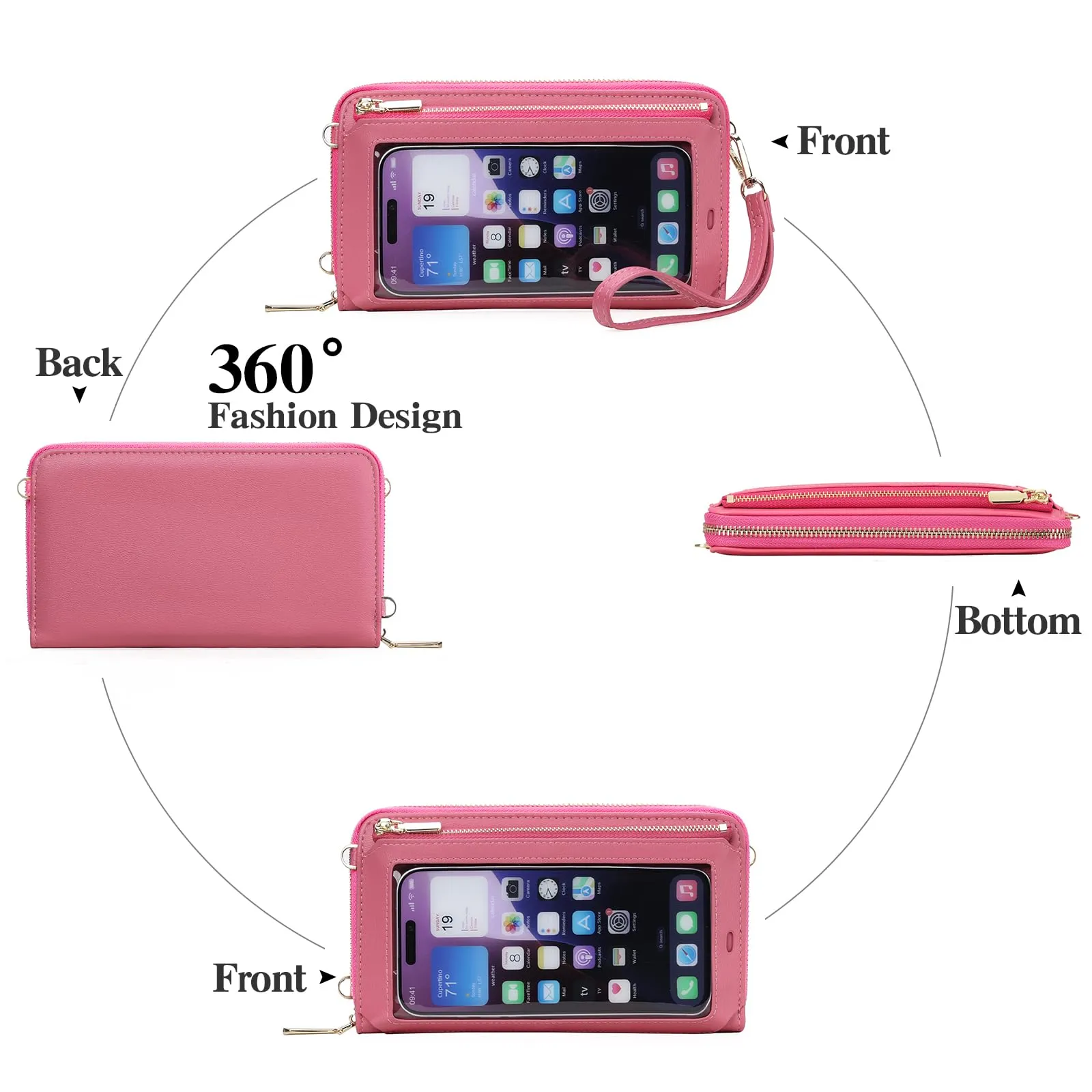 GOIACII Borsa a tracolla per telefono da donna, portafoglio da viaggio con touch screen, A10 - Rosso Rosa - immagine 8