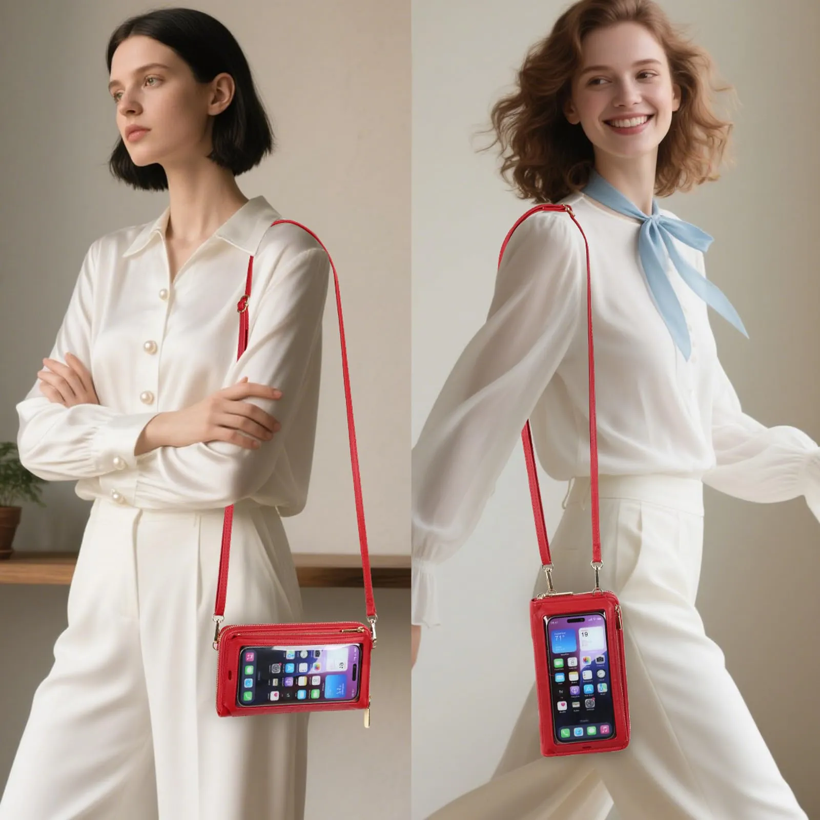 GOIACII Borsa a tracolla per cellulare da donna in pelle con touchscreen, A11 Rosso Chiaro - immagine 2