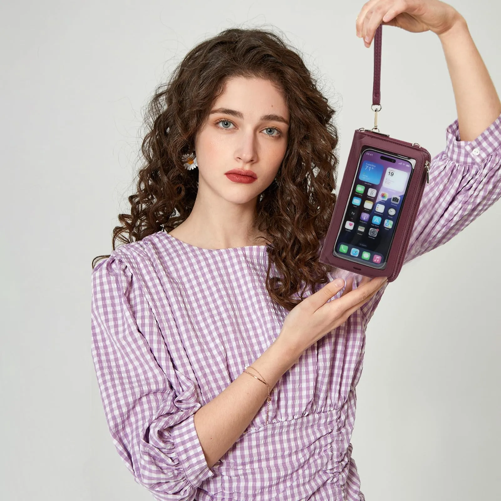 GOIACII Borsa a tracolla per cellulare in pelle con touchscreen, A12, Rosso Vino - immagine 2