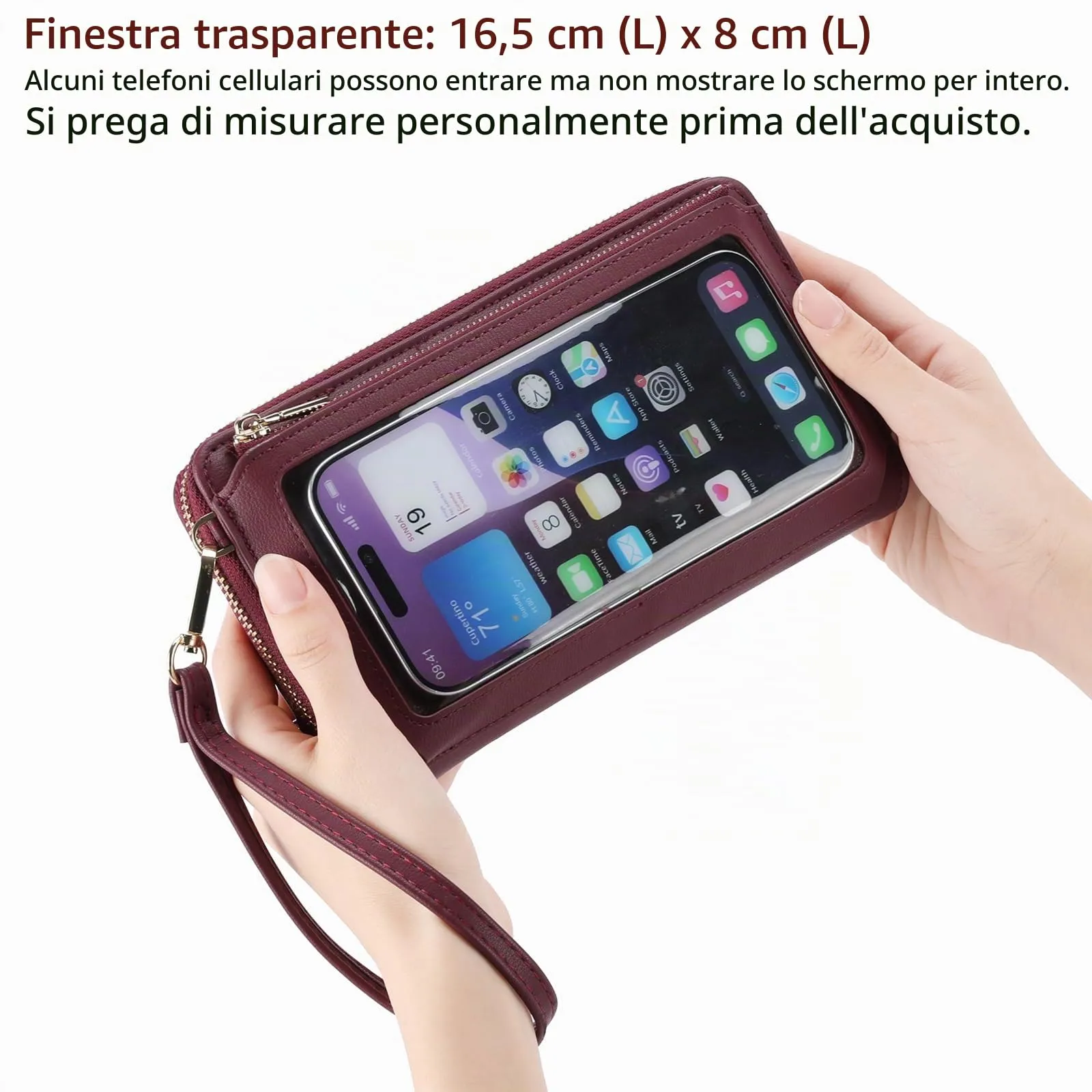 GOIACII Borsa a tracolla per cellulare in pelle con touchscreen, A12, Rosso Vino - immagine 3