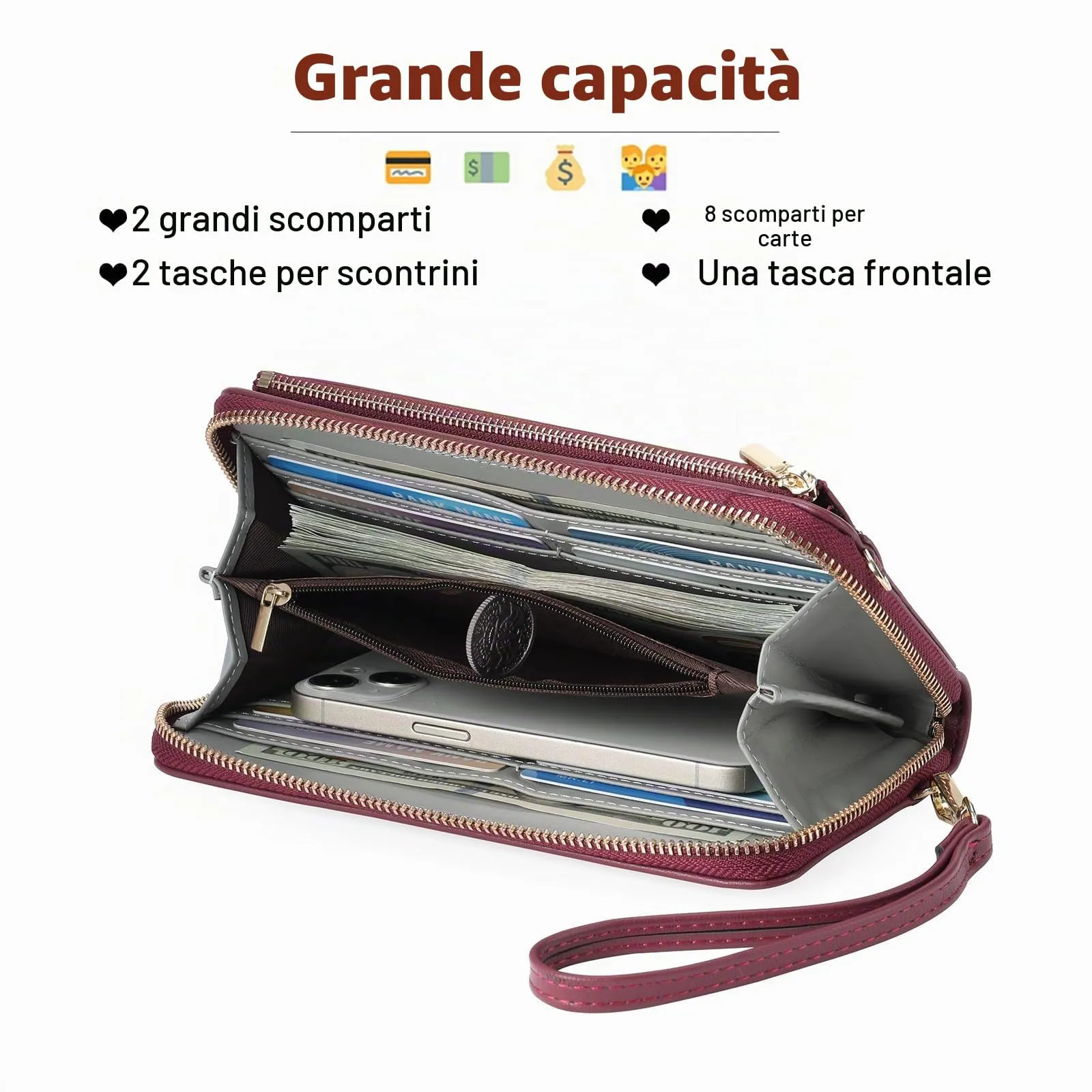 GOIACII Borsa a tracolla per cellulare in pelle con touchscreen, A12, Rosso Vino - immagine 5