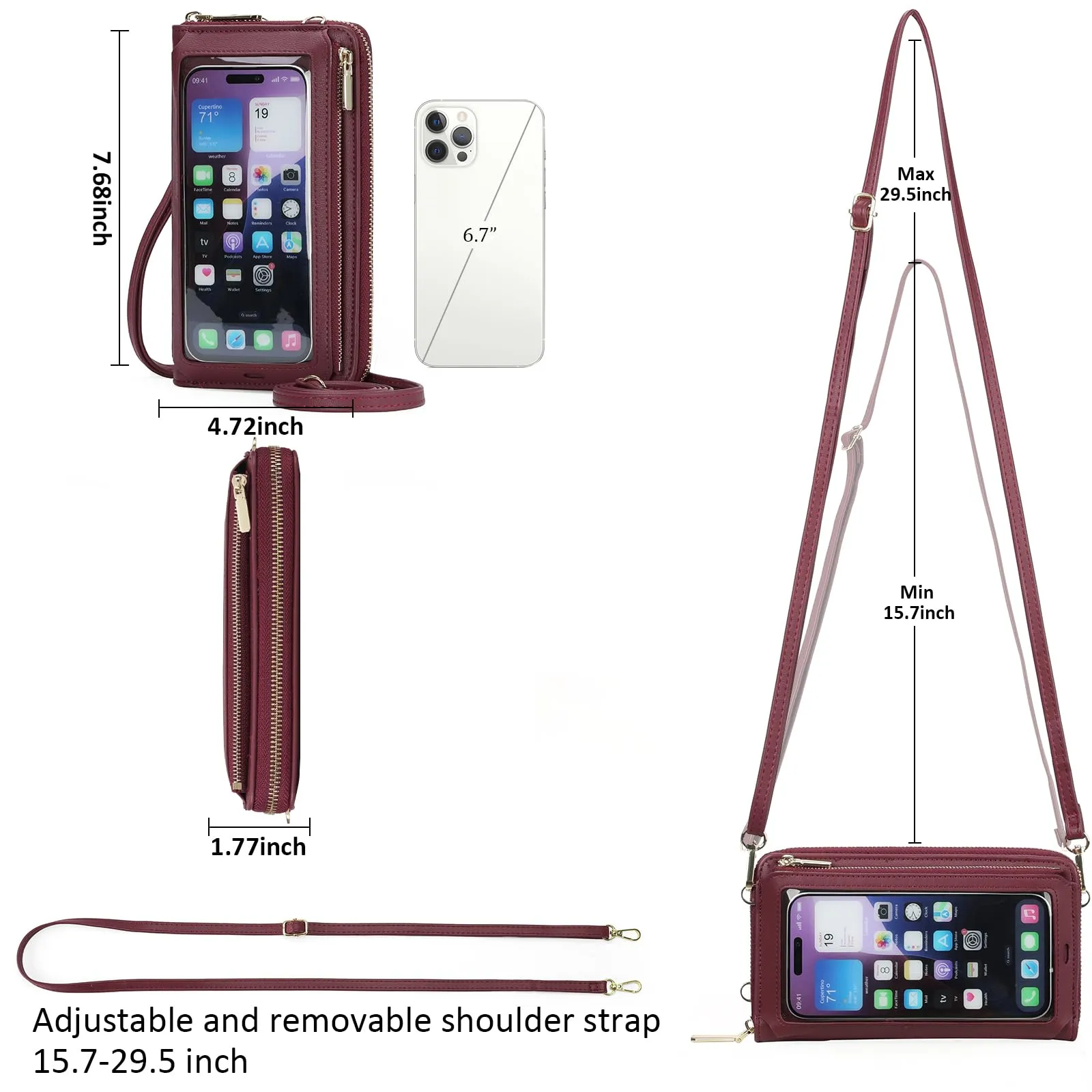 GOIACII Borsa a tracolla per cellulare in pelle con touchscreen, A12, Rosso Vino - immagine 6
