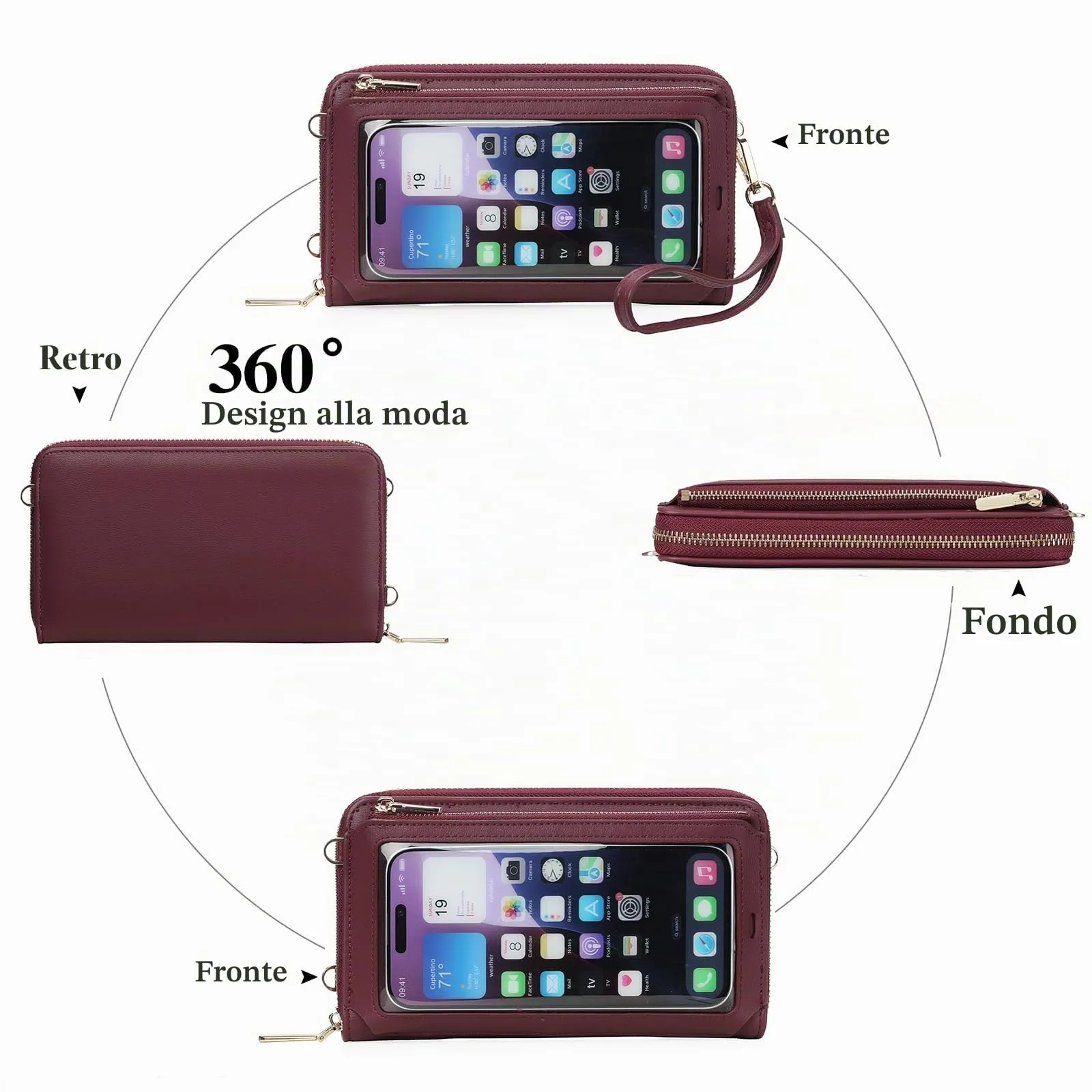 GOIACII Borsa a tracolla per cellulare in pelle con touchscreen, A12, Rosso Vino - immagine 7