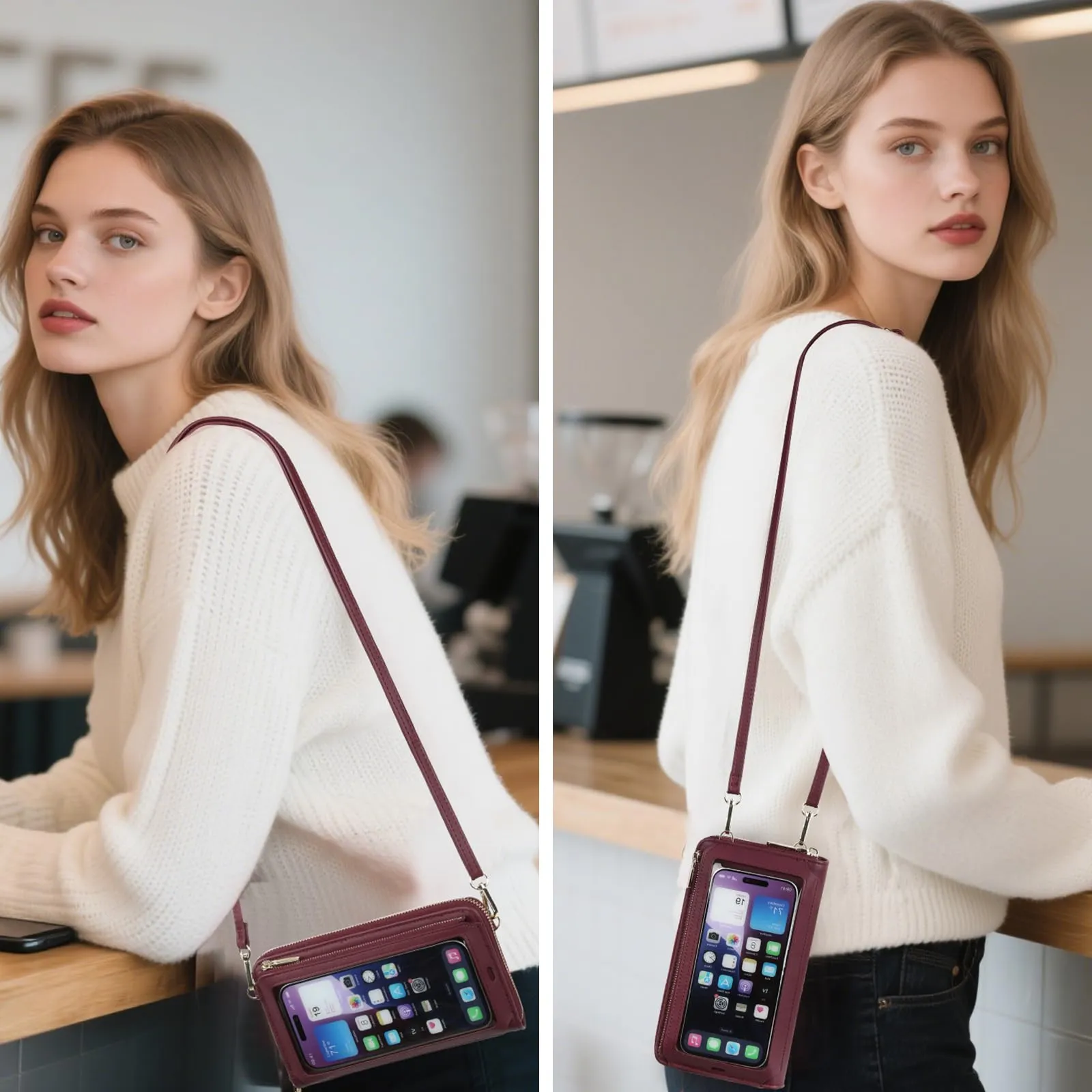 GOIACII Borsa a tracolla per cellulare in pelle con touchscreen, A12, Rosso Vino - immagine 8