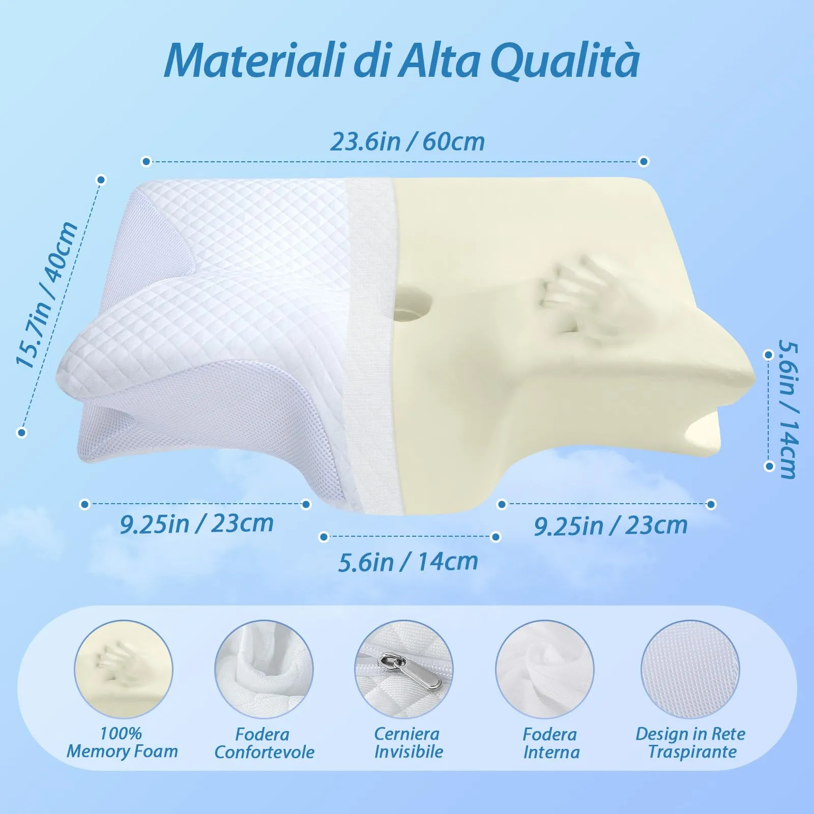 HOMCA Cuscino 2 in 1 Memory Foam Ergonomico, Bianco, 60x40x12/14cm - immagine 2