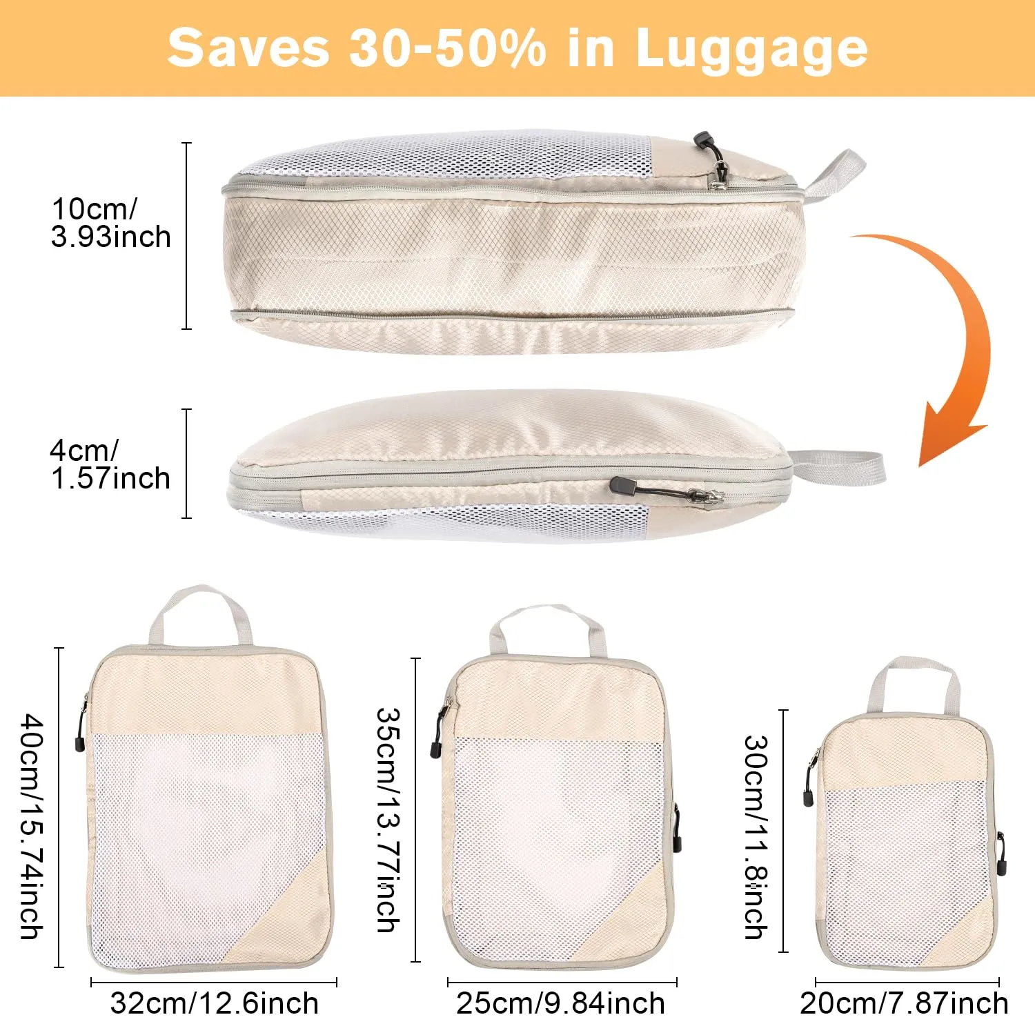 BillyBath Organizer Valigia Borse Compressione Viaggio Salvaspazio, 3 Pezzi, Beige - immagine 3