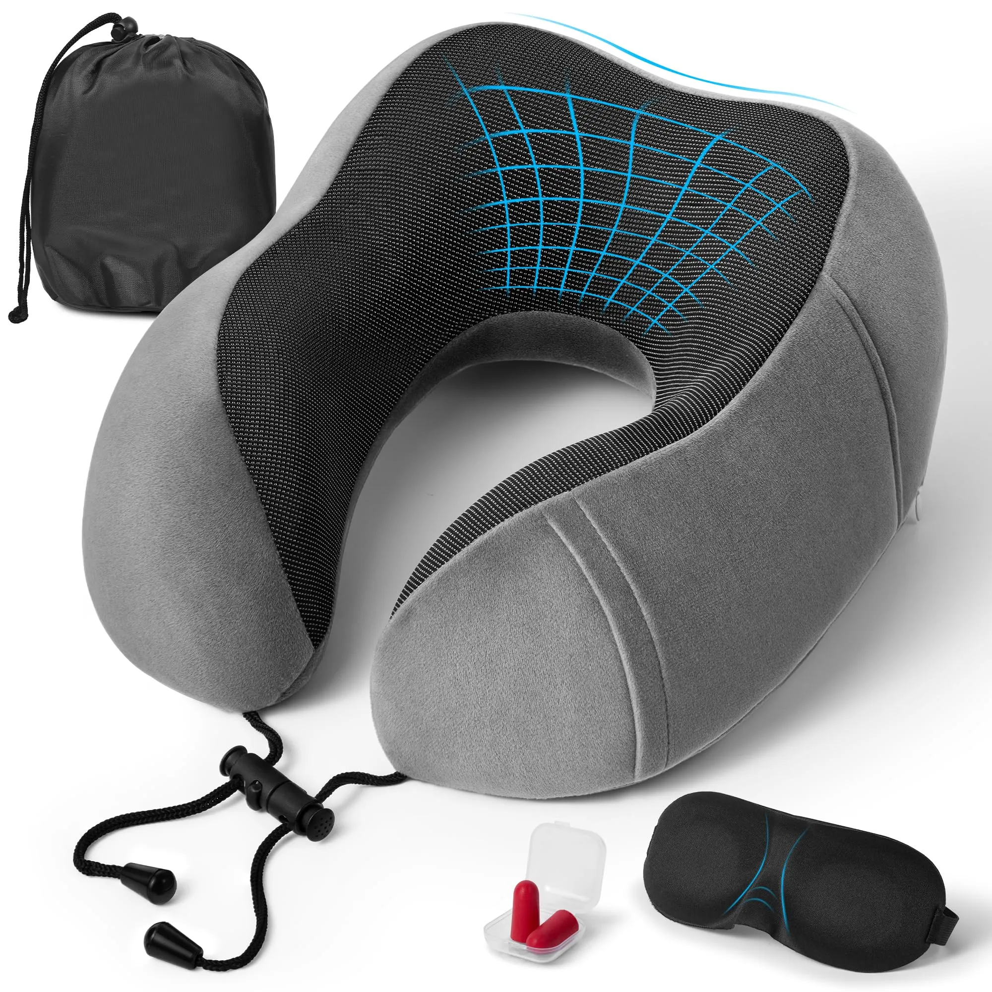 BAVATEE Cuscino da Viaggio per Collo in Memory Foam con Borsa per Trasporto, Mascherina per Dormire e Tappi Auricolari - immagine 1