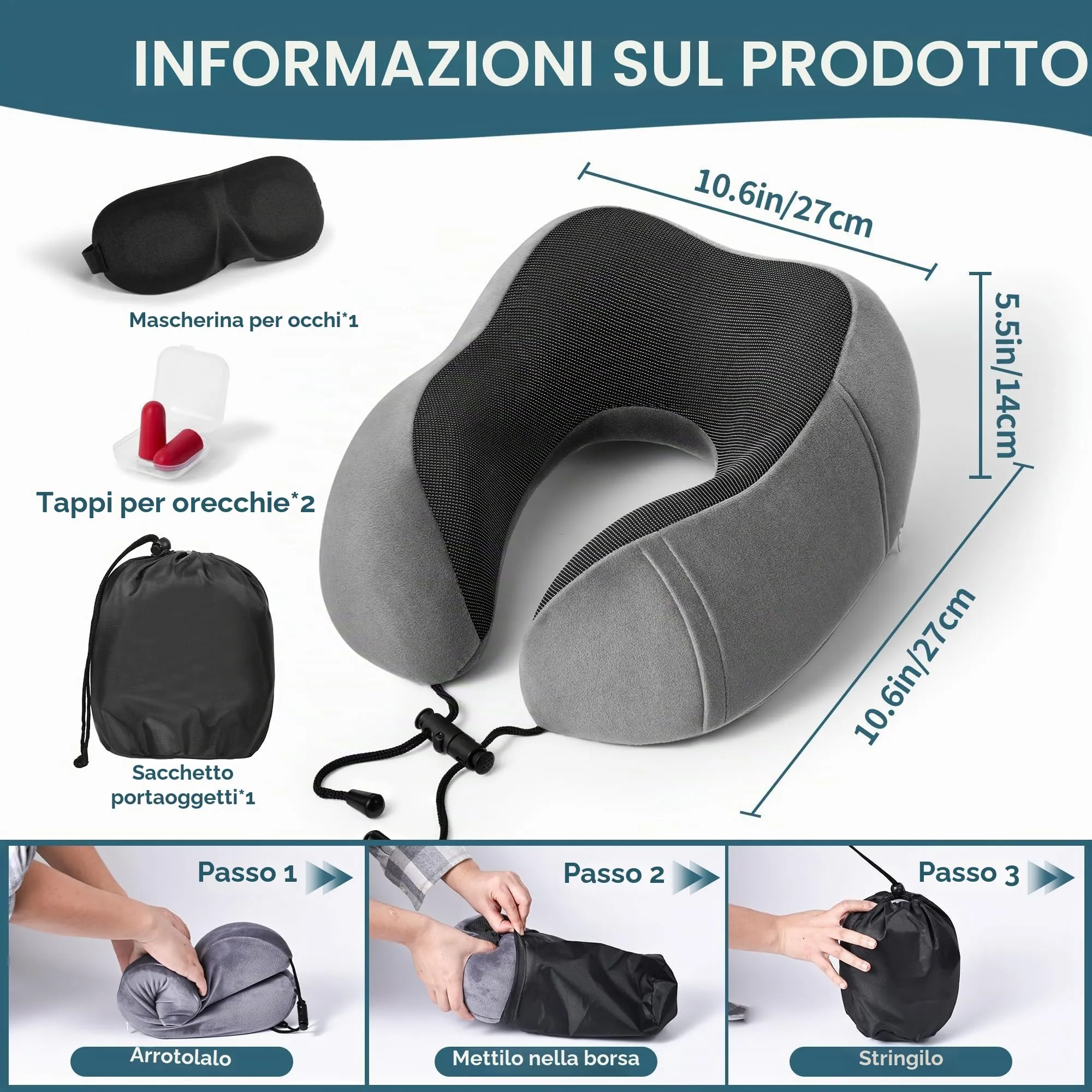 BAVATEE Cuscino da Viaggio per Collo in Memory Foam con Borsa per Trasporto, Mascherina per Dormire e Tappi Auricolari - immagine 2