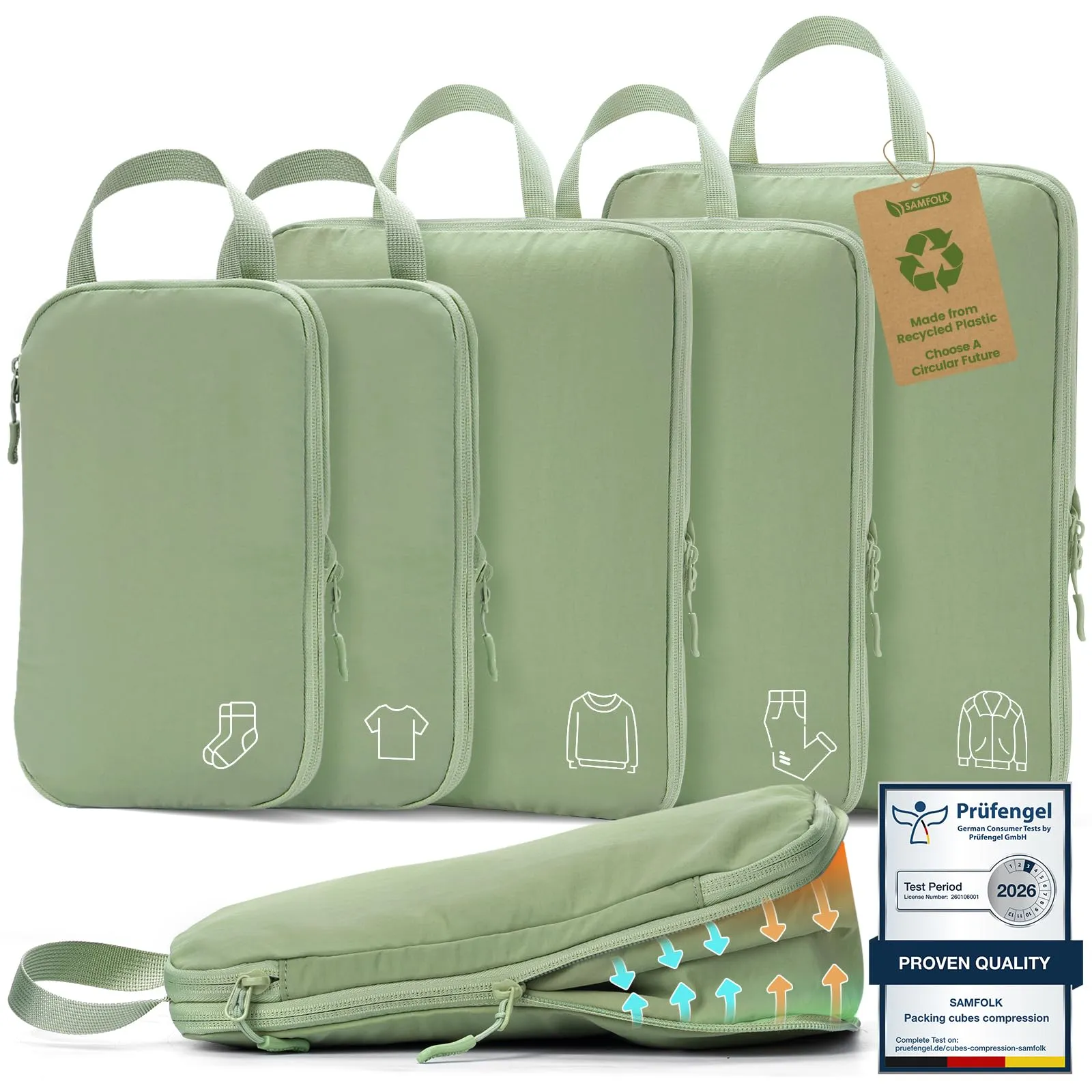 Samfolk Packing Cubes Compression Set, Nylon Luggage Organizers, 5 Set, Verde - immagine 1