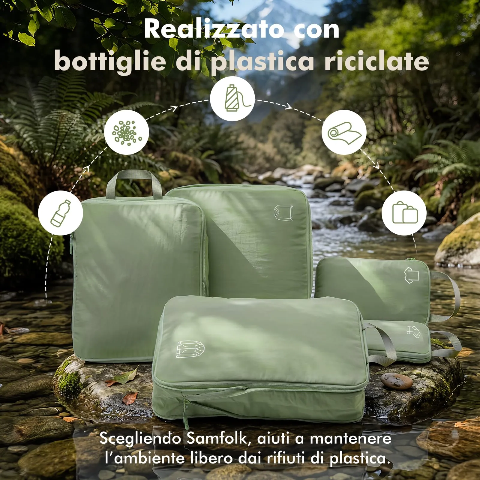 Samfolk Packing Cubes Compression Set, Nylon Luggage Organizers, 5 Set, Verde - immagine 2