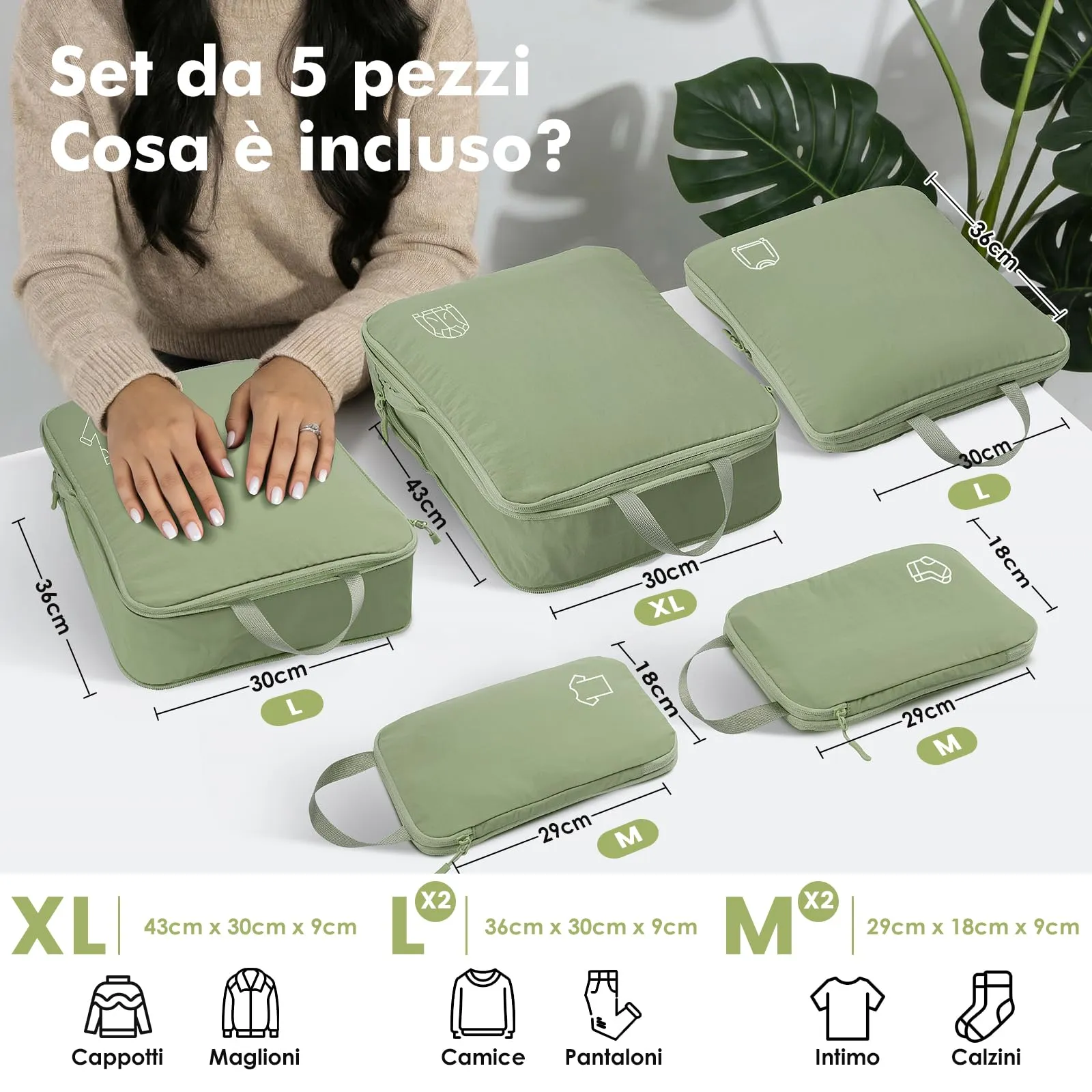 Samfolk Packing Cubes Compression Set, Nylon Luggage Organizers, 5 Set, Verde - immagine 4