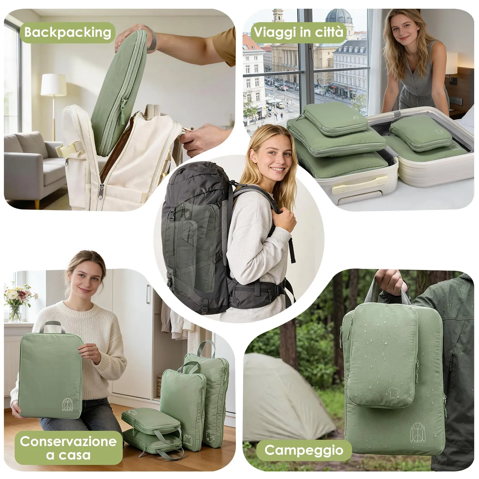 Samfolk Packing Cubes Compression Set, Nylon Luggage Organizers, 5 Set, Verde - immagine 6