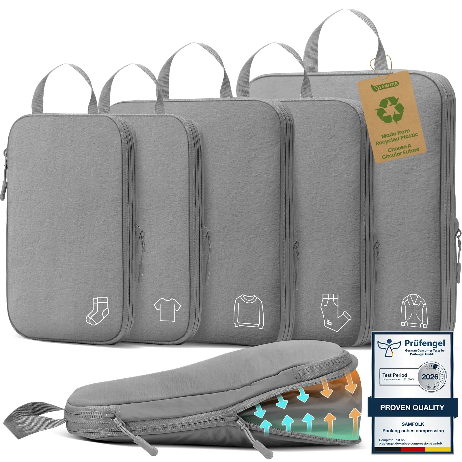 Samfolk Packing Cubes Compression Set, Nylon Organizer Valigie, 5 Set, Grigio - immagine 1