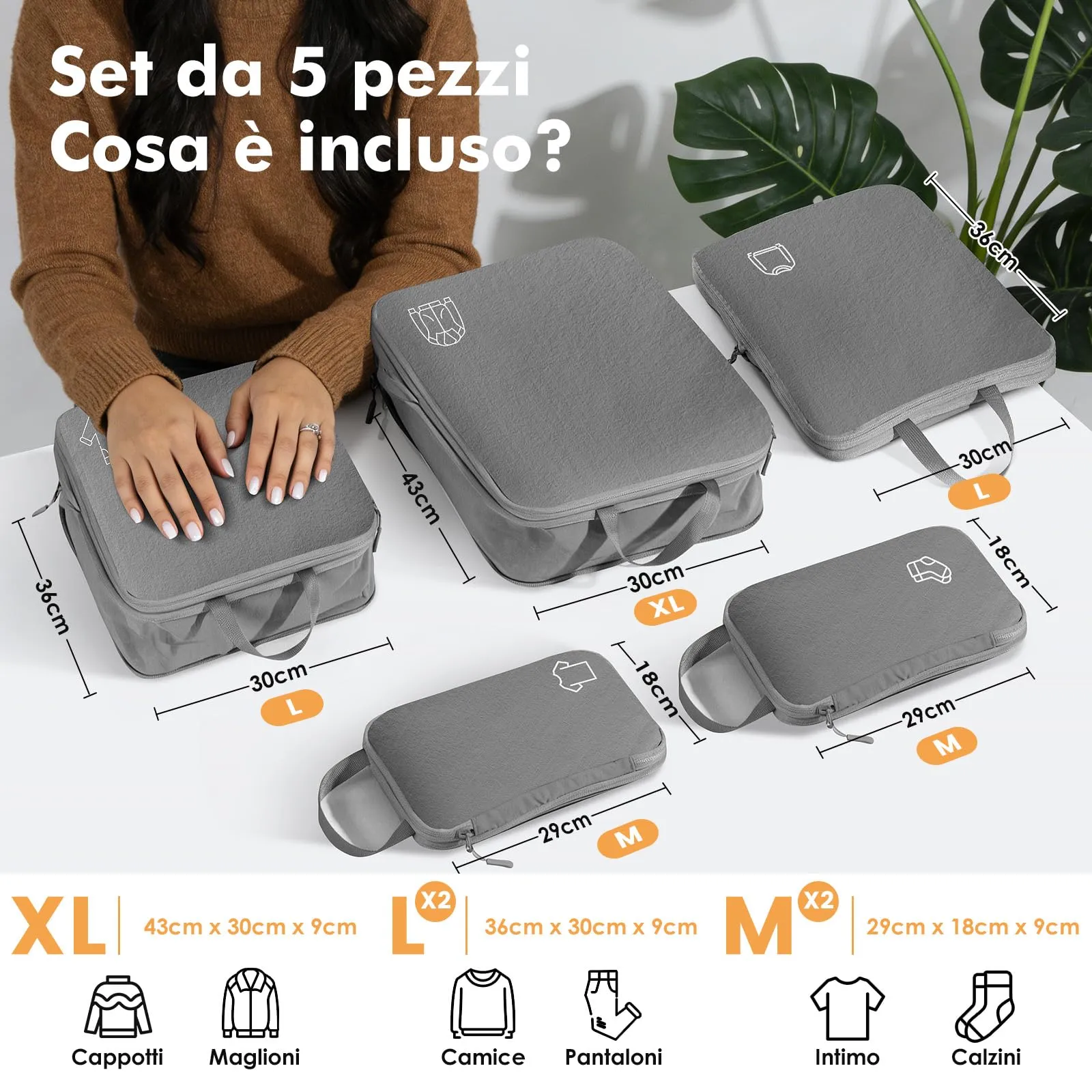 Samfolk Packing Cubes Compression Set, Nylon Organizer Valigie, 5 Set, Grigio - immagine 6