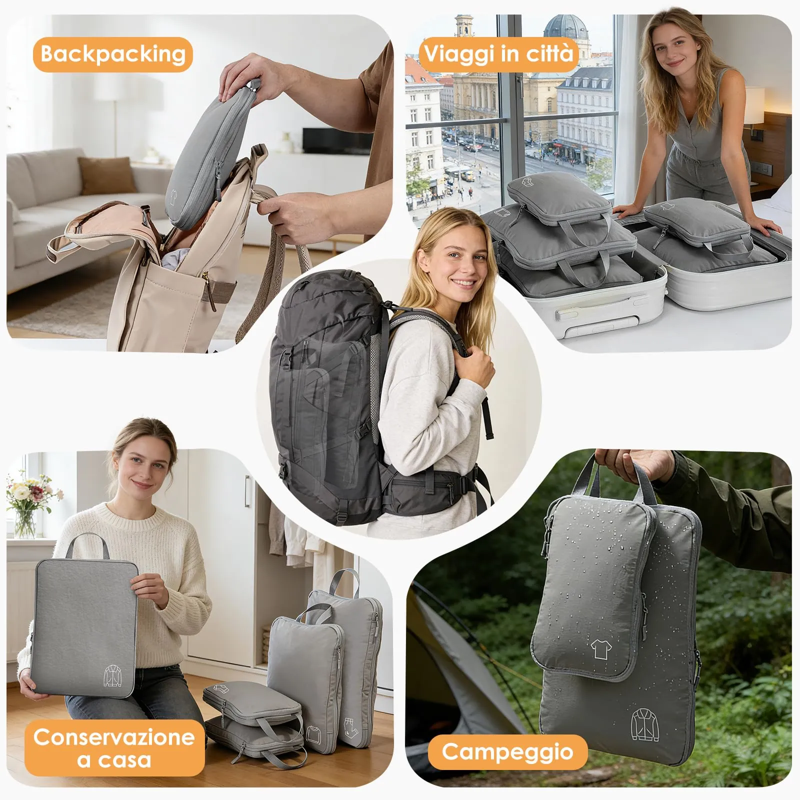 Samfolk Packing Cubes Compression Set, Nylon Organizer Valigie, 5 Set, Grigio - immagine 7