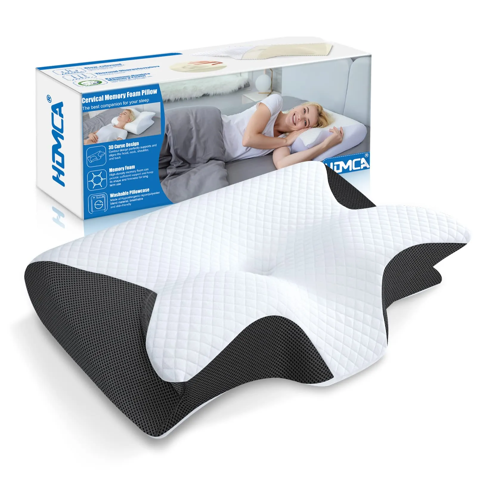 HOMCA Cuscino Memory Foam Ergonomico 2 in 1, Nero, 60x40x12/14cm - immagine 1