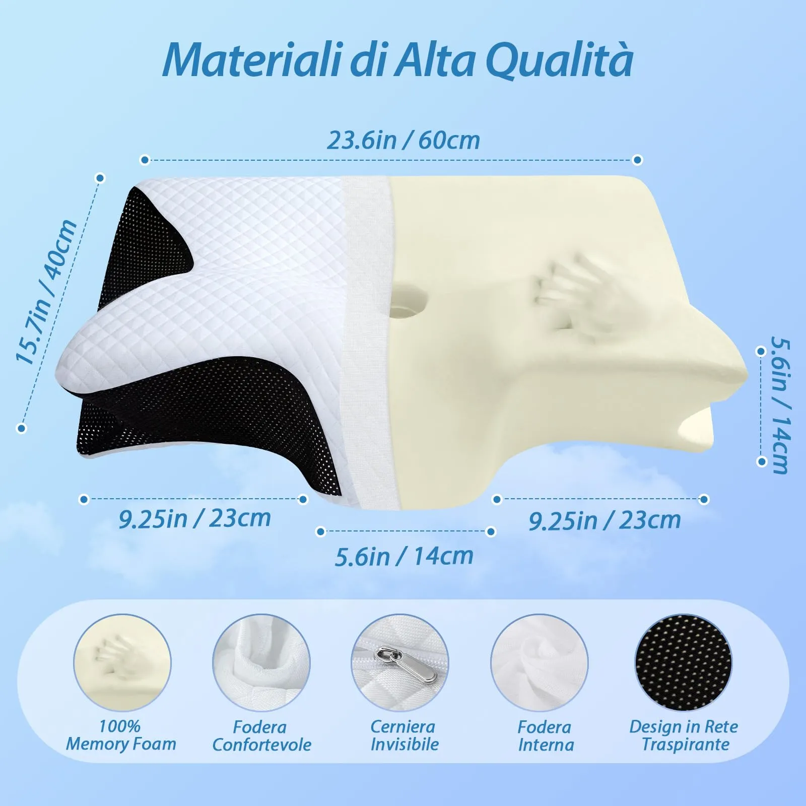 HOMCA Cuscino Memory Foam Ergonomico 2 in 1, Nero, 60x40x12/14cm - immagine 2
