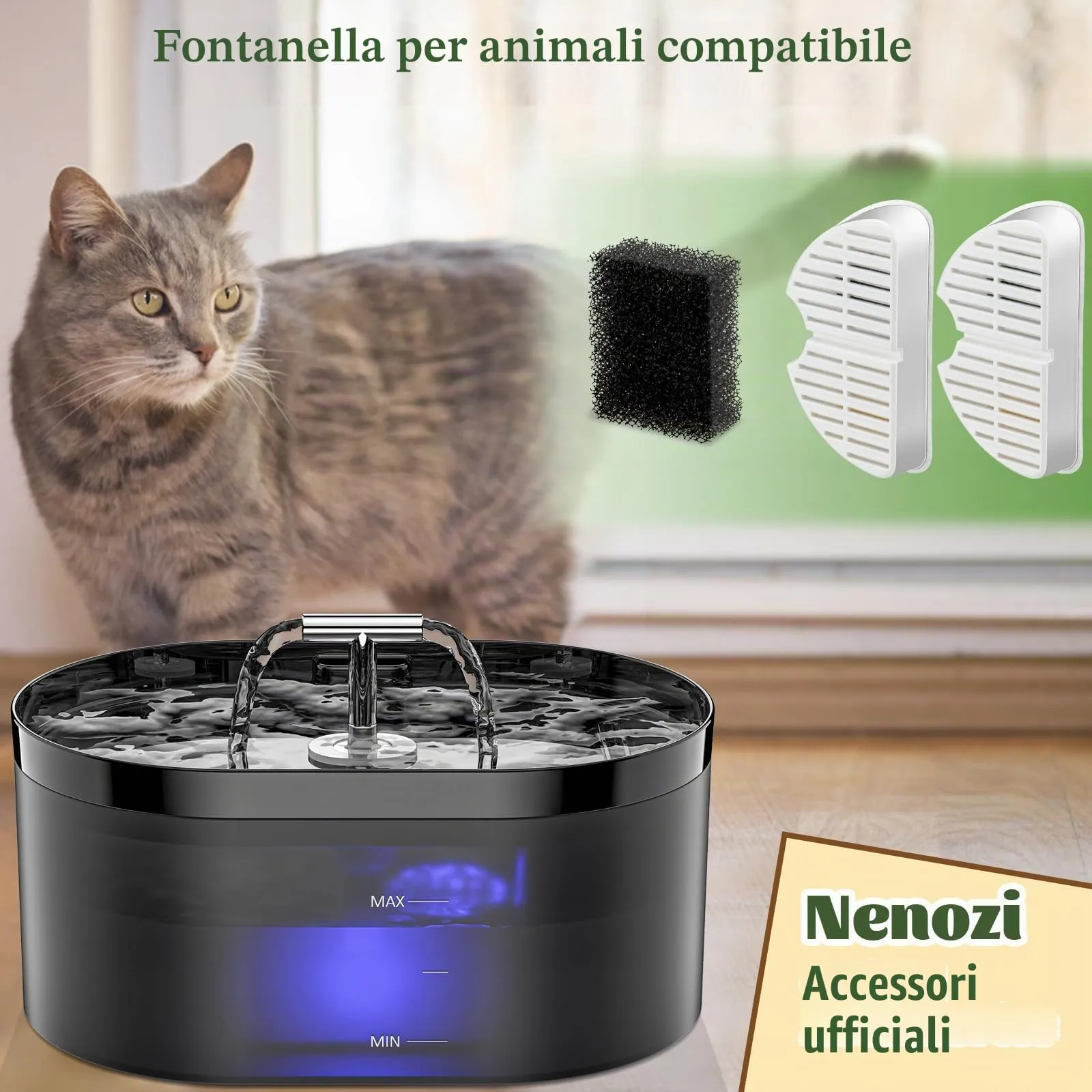 Nenozi Filtri per fontane d'acqua per gatti, 6 filtri e 6 filtri in schiuma per fontana 2,2L - immagine 5