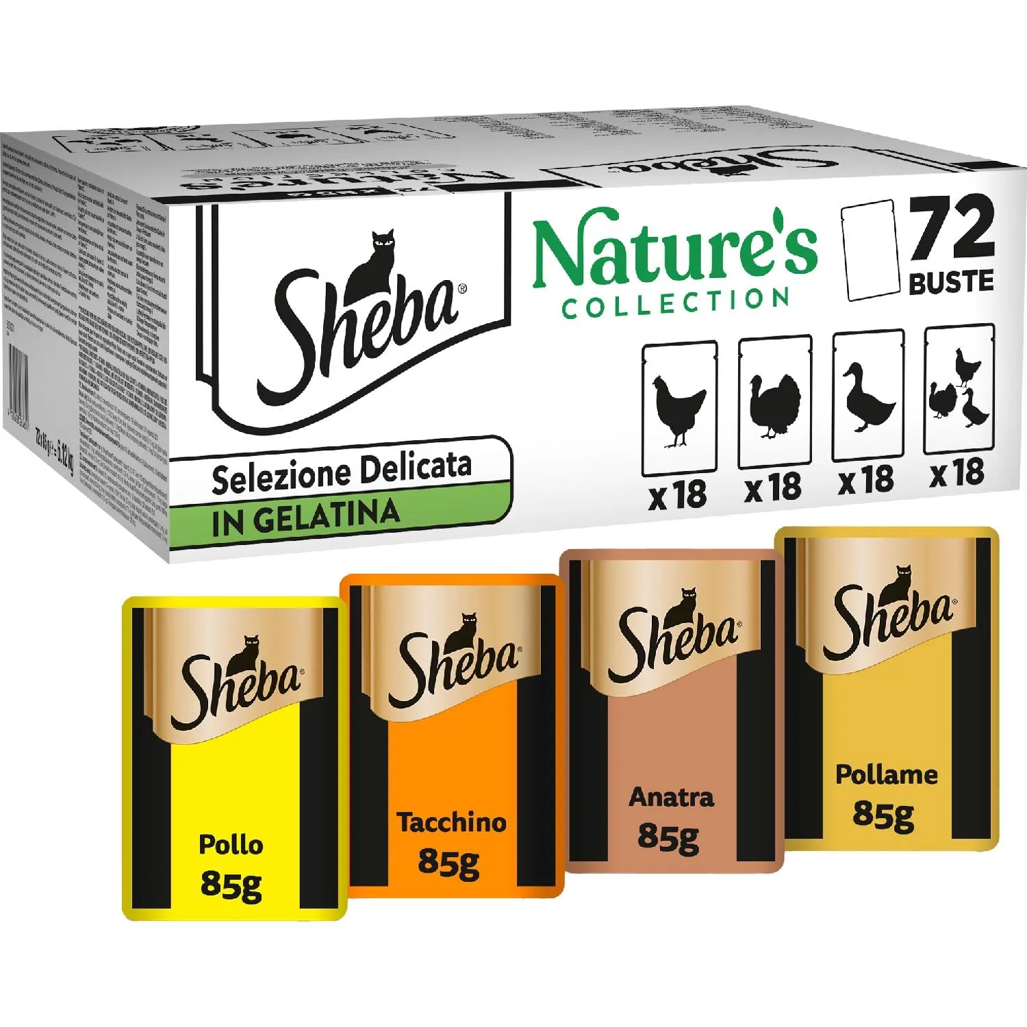 Sheba Nature’s Collection Selezione Delicata in Gelatina Pollo, Tacchino, Pollame, Anatra, 72 Bustine da 85g - immagine 1