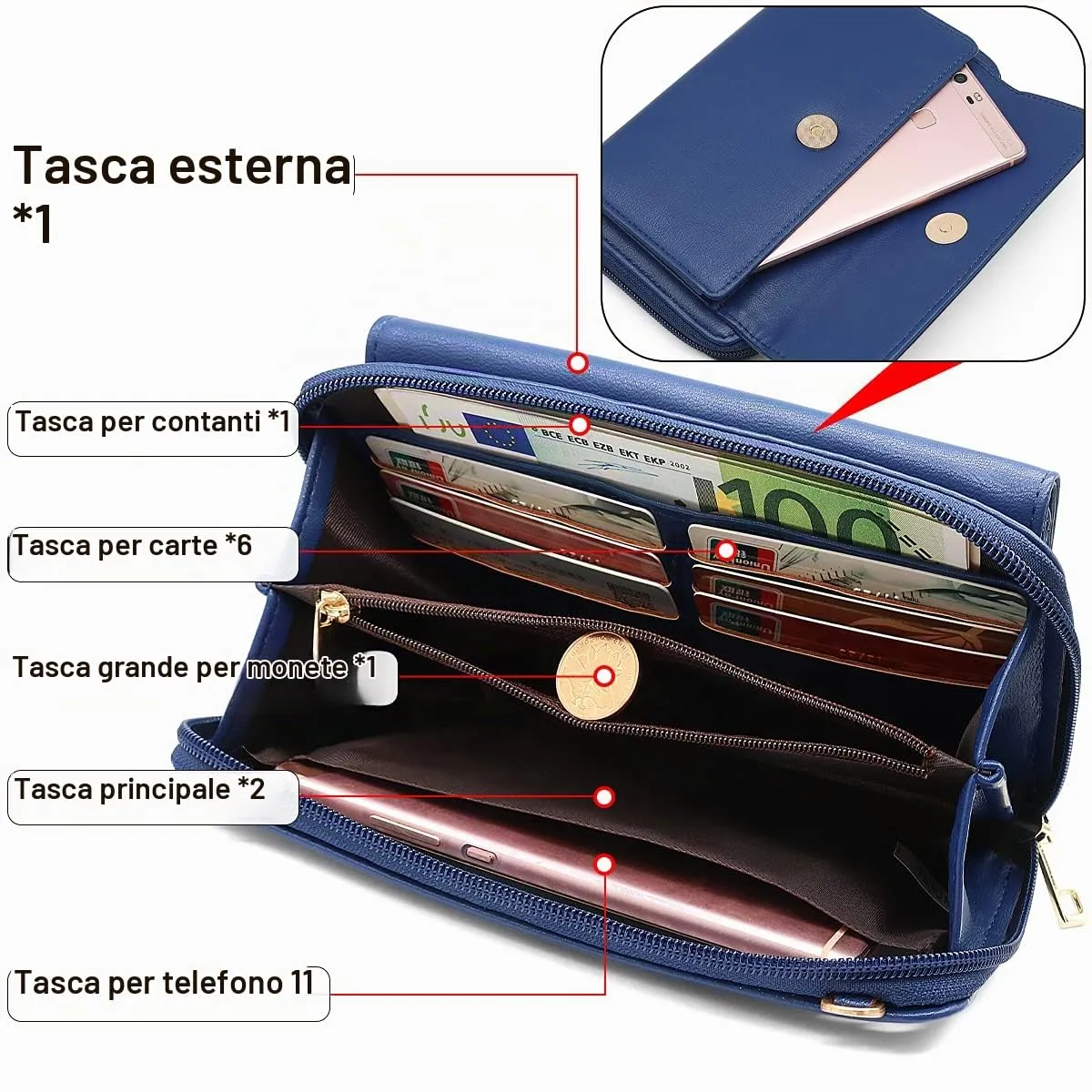 HNOOM Borsa a Tracolla Porta Cellulare Donna, Vino Rosso - immagine 3