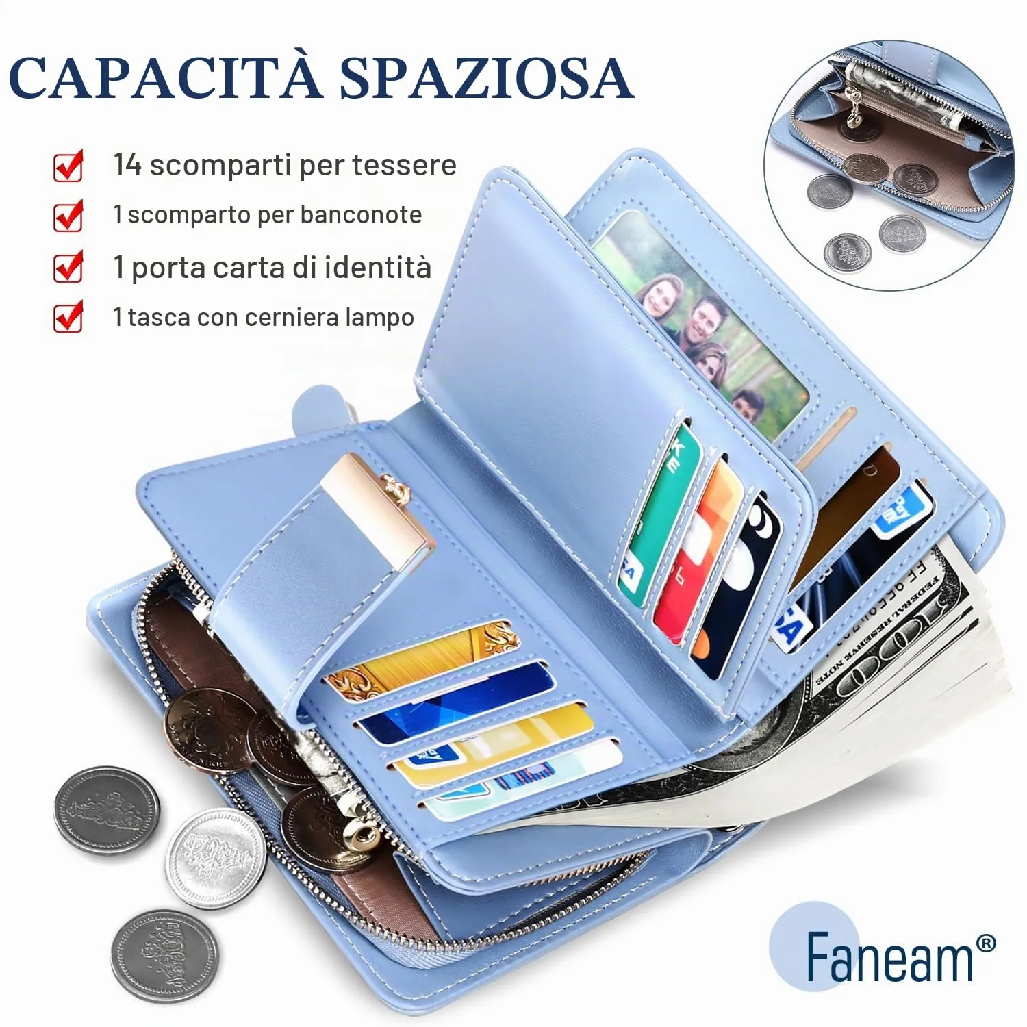 Faneam Portafoglio Donna in Pelle con Blocco RFID, Portamonete con Cerniera e Cordino, 14 Scomparti Carte (Blu) - immagine 2