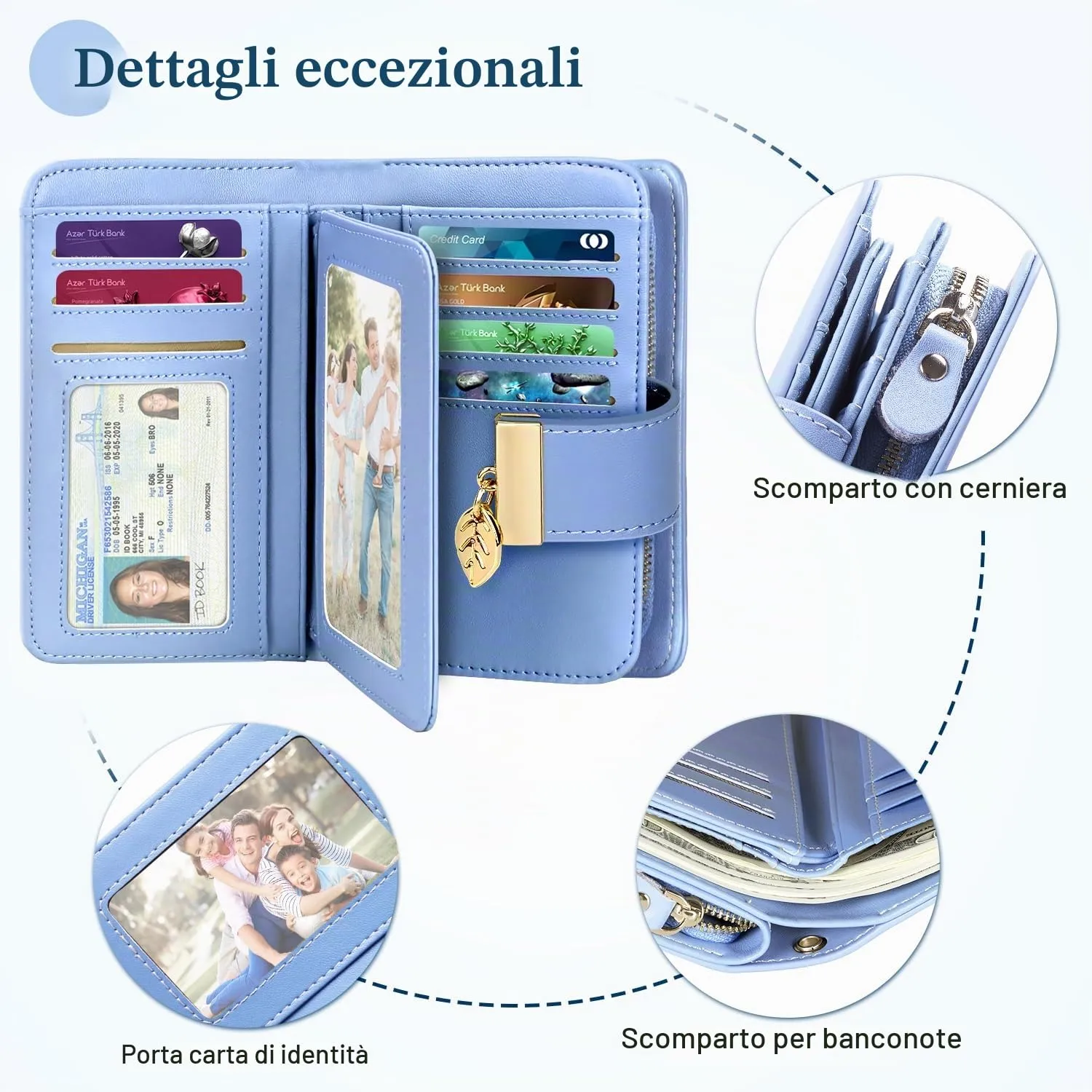 Faneam Portafoglio Donna in Pelle con Blocco RFID, Portamonete con Cerniera e Cordino, 14 Scomparti Carte (Blu) - immagine 3