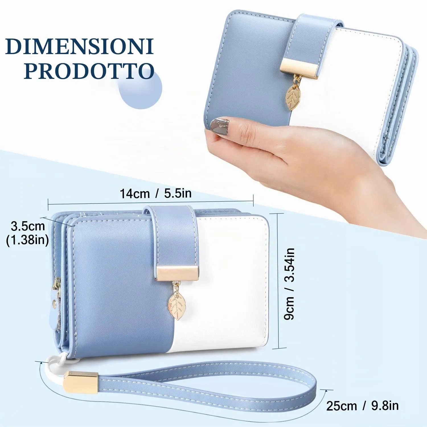 Faneam Portafoglio Donna in Pelle con Blocco RFID, Portamonete con Cerniera e Cordino, 14 Scomparti Carte (Blu) - immagine 4