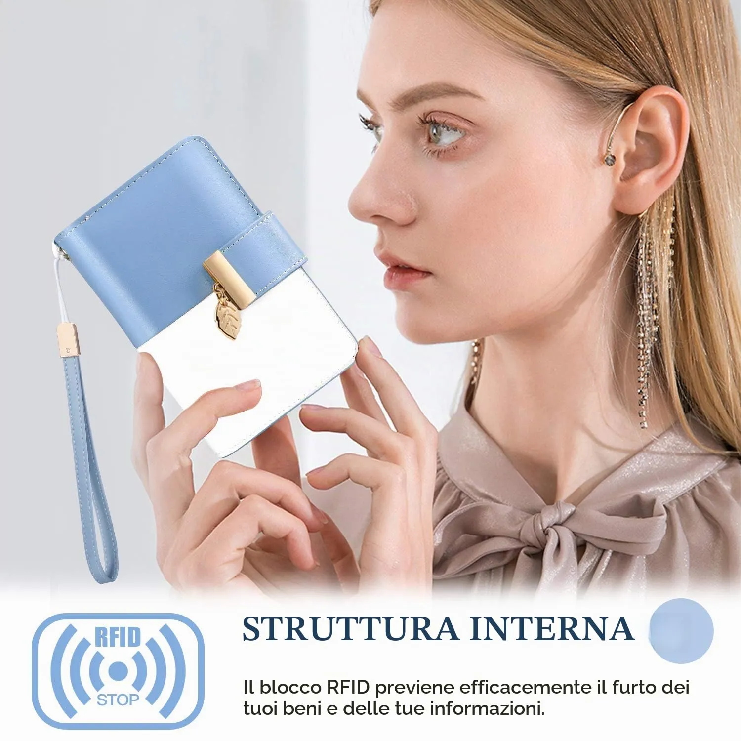 Faneam Portafoglio Donna in Pelle con Blocco RFID, Portamonete con Cerniera e Cordino, 14 Scomparti Carte (Blu) - immagine 5
