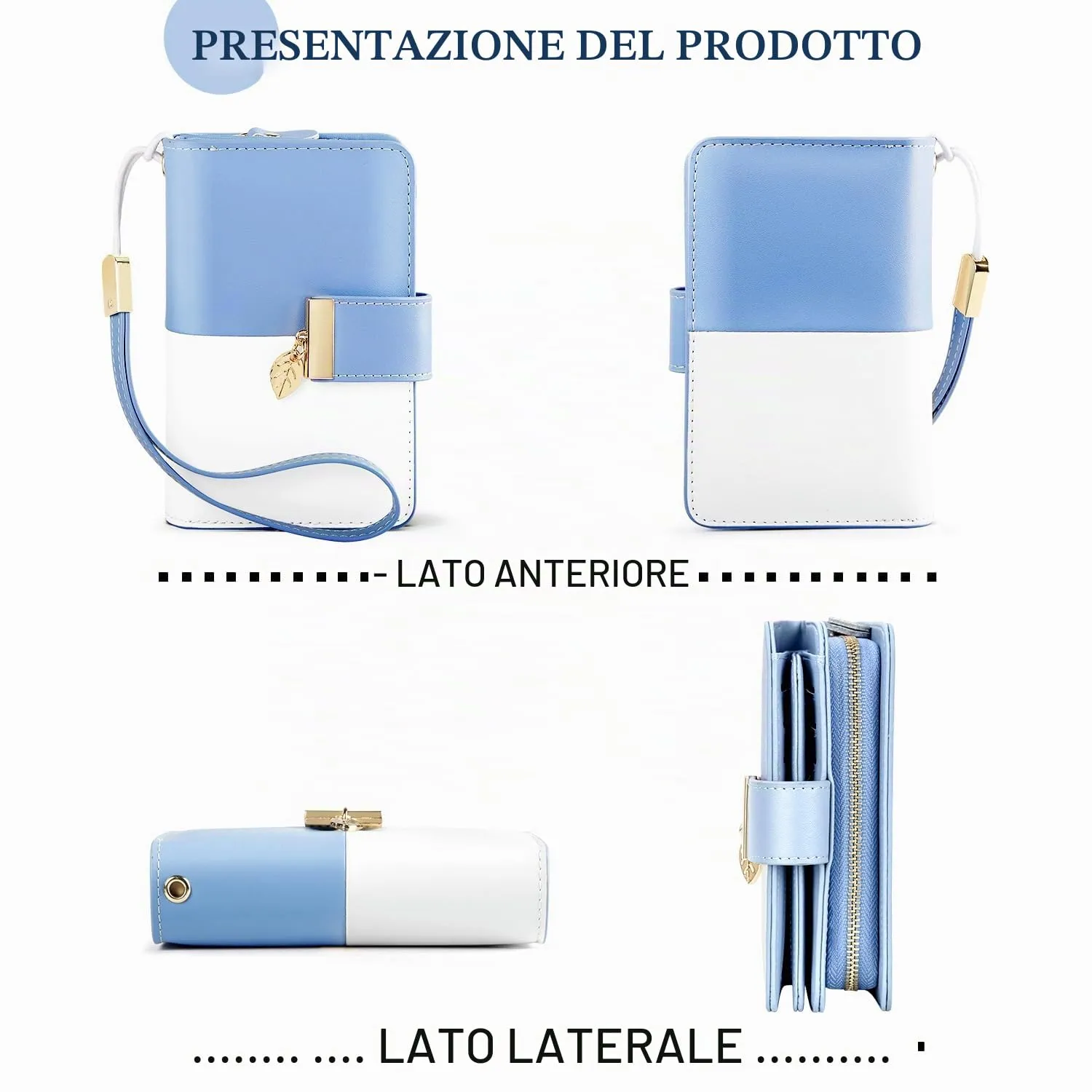 Faneam Portafoglio Donna in Pelle con Blocco RFID, Portamonete con Cerniera e Cordino, 14 Scomparti Carte (Blu) - immagine 7