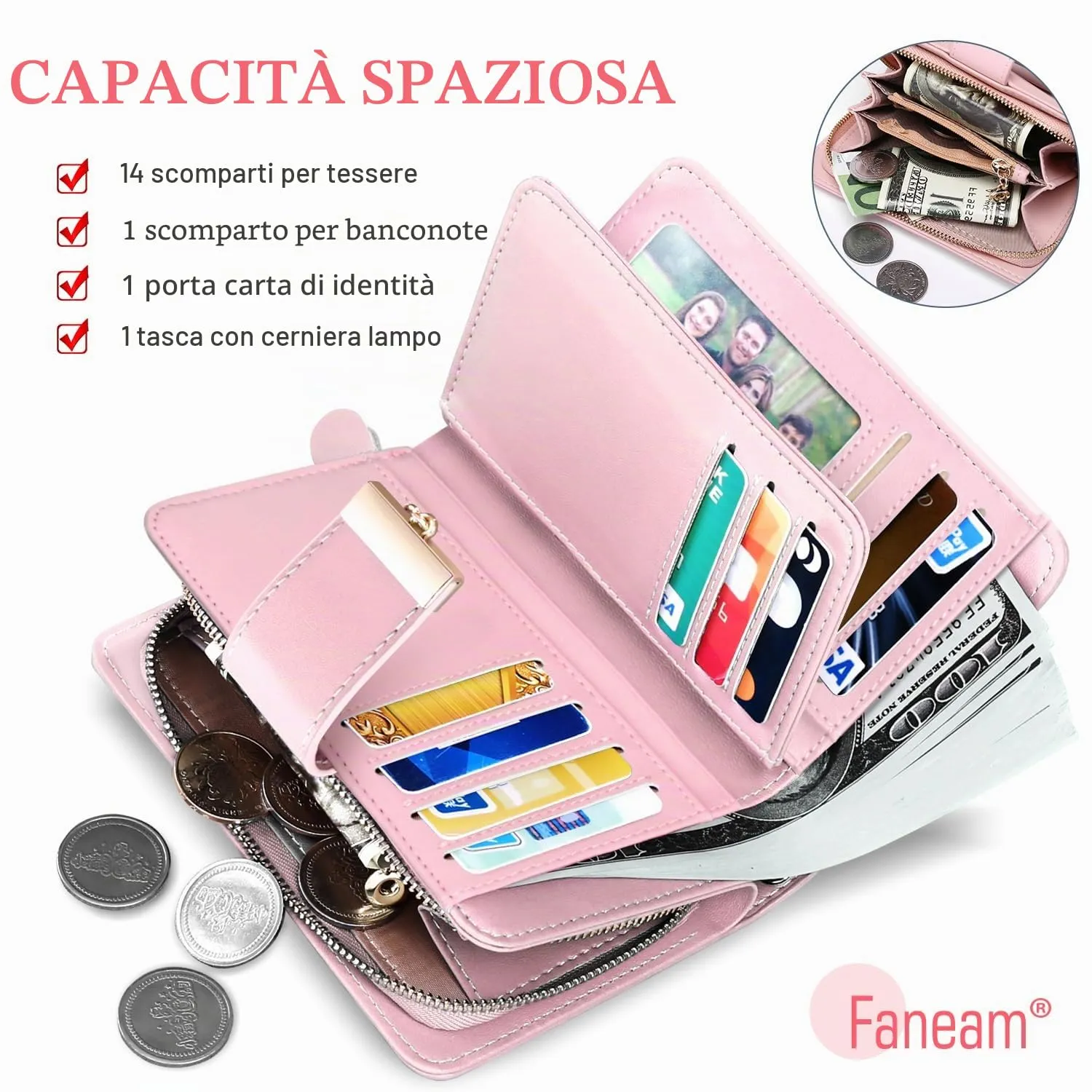 Faneam Portafoglio Donna in Pelle con Blocco RFID, Portamonete con Cerniera e Cordino, 14 Scomparti Carte (Rosa) - immagine 2