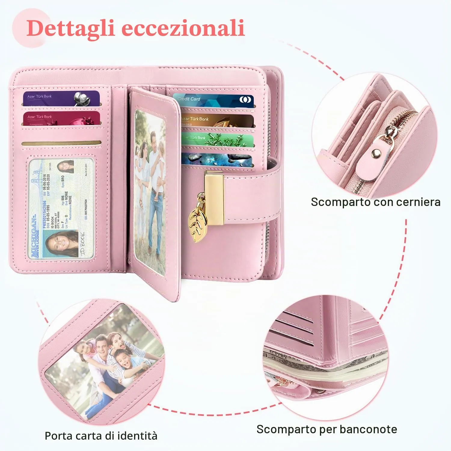 Faneam Portafoglio Donna in Pelle con Blocco RFID, Portamonete con Cerniera e Cordino, 14 Scomparti Carte (Rosa) - immagine 3