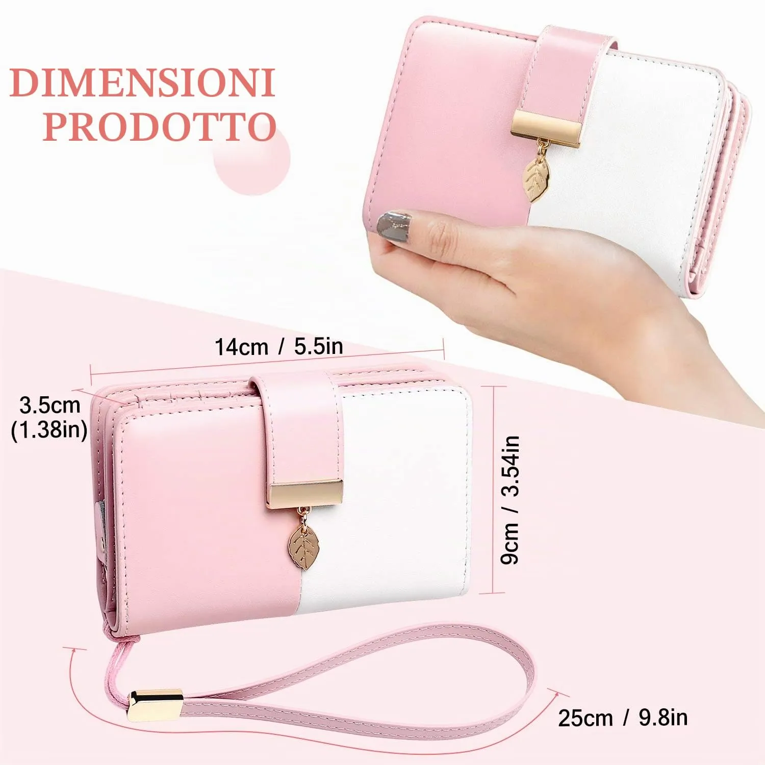 Faneam Portafoglio Donna in Pelle con Blocco RFID, Portamonete con Cerniera e Cordino, 14 Scomparti Carte (Rosa) - immagine 4