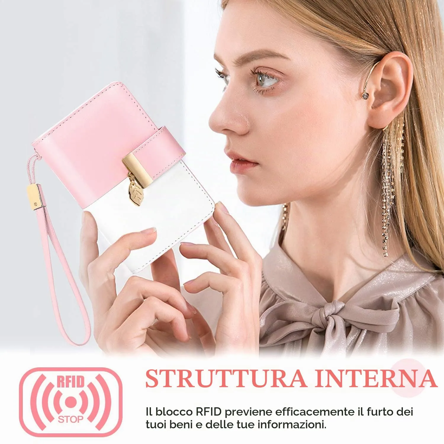 Faneam Portafoglio Donna in Pelle con Blocco RFID, Portamonete con Cerniera e Cordino, 14 Scomparti Carte (Rosa) - immagine 5