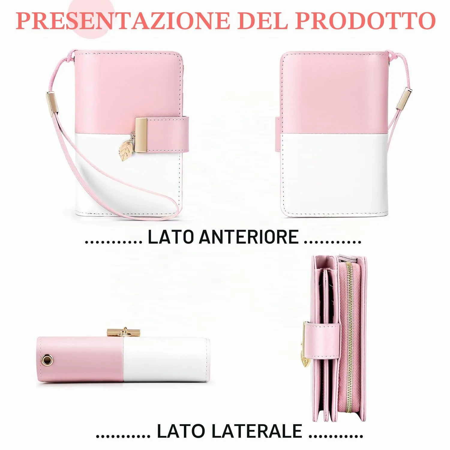 Faneam Portafoglio Donna in Pelle con Blocco RFID, Portamonete con Cerniera e Cordino, 14 Scomparti Carte (Rosa) - immagine 7