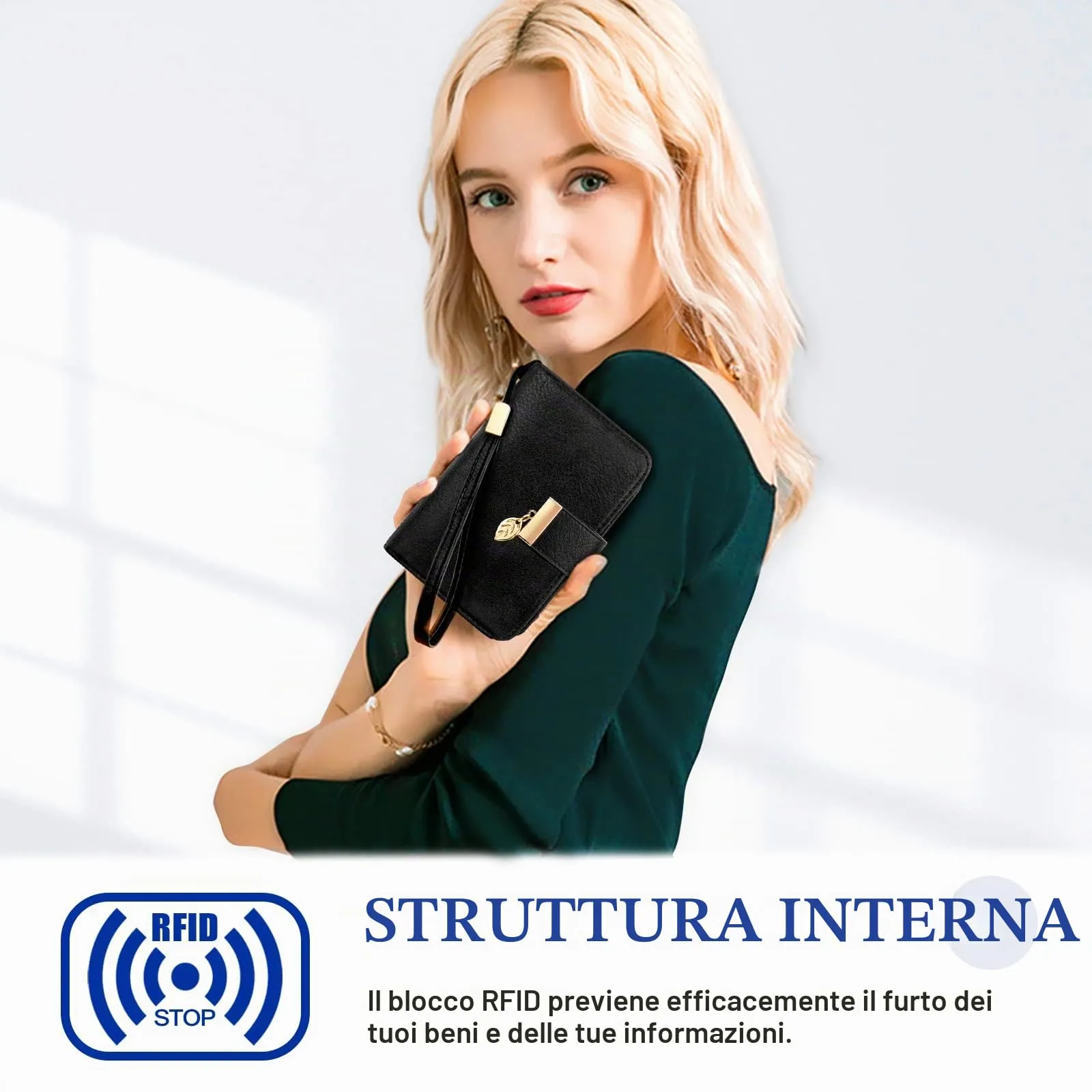 Faneam Portafoglio Donna in Pelle con Blocco RFID, Portamonete con Cerniera e Cordino, 14 Scomparti Carte, Vintage Nero - immagine 3