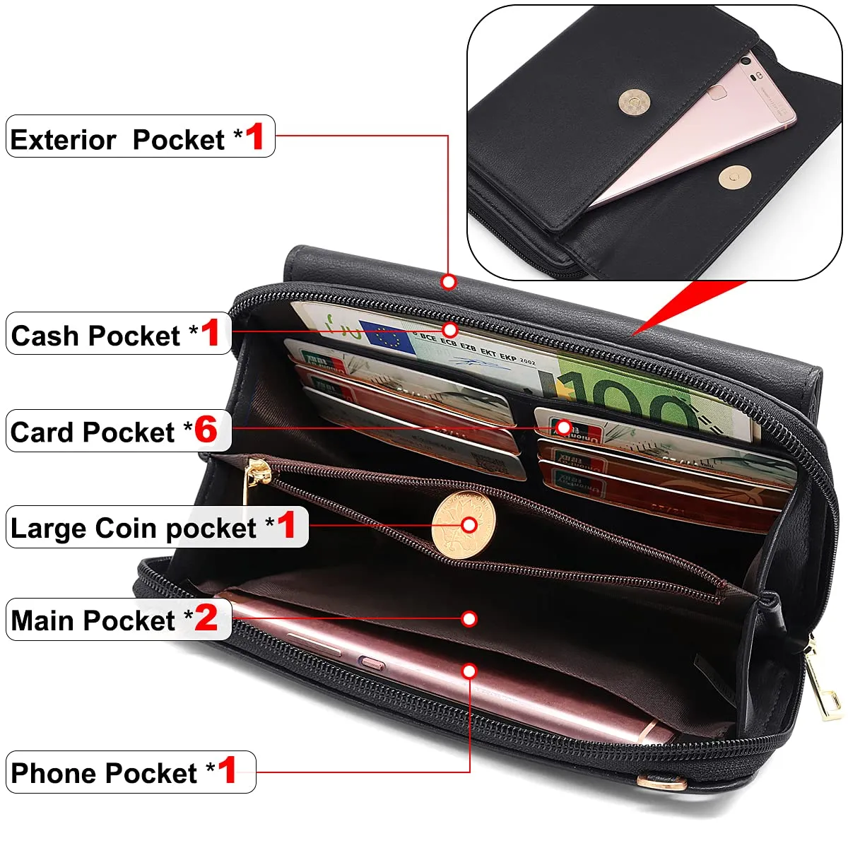 HNOOM Borsa a Tracolla Donna Porta Cellulare, Vino Rosso - immagine 4