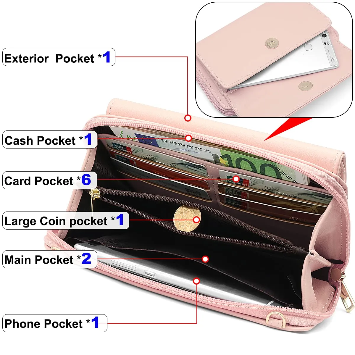 HNOOM Borsa a Tracolla Porta Cellulare Donna, Vino Rosso - immagine 4