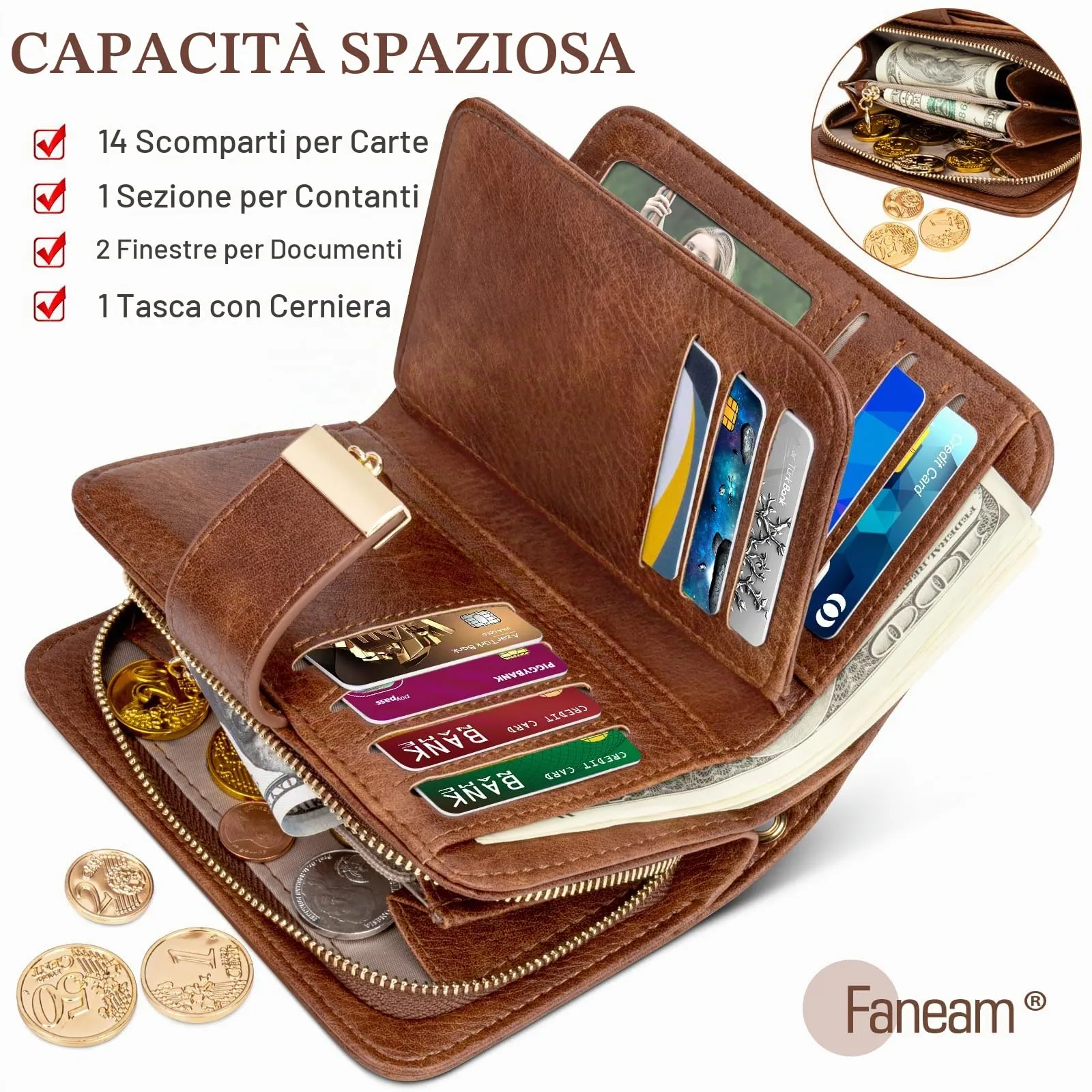 Faneam Portafoglio Donna in Pelle con Blocco RFID, Portamonete con Cerniera e Cordino, 14 Scomparti Carte - Vintage Caffè - immagine 4