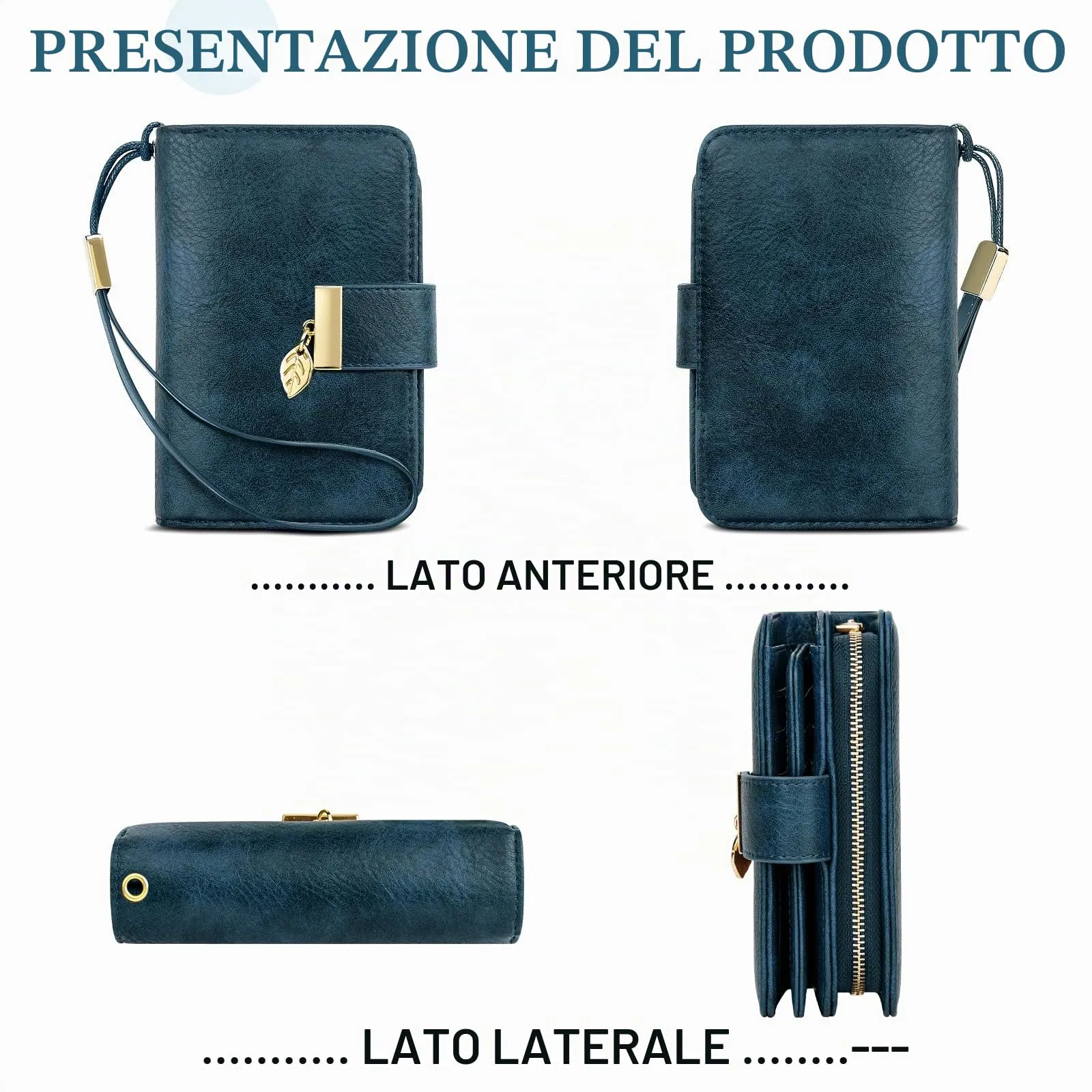 Faneam Portafoglio Donna in Pelle con Blocco RFID, Portamonete con Cerniera e Cordino, 14 Scomparti Carte (Vintage Blu) - immagine 2