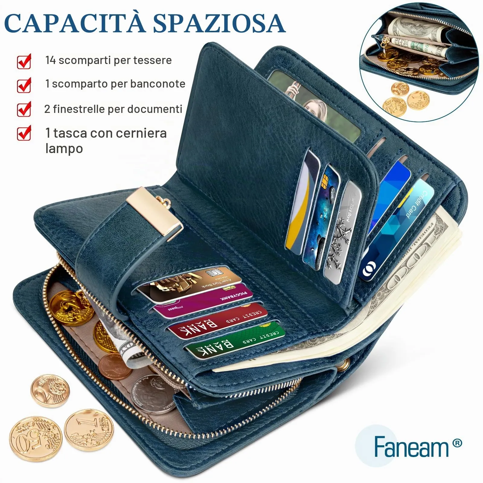 Faneam Portafoglio Donna in Pelle con Blocco RFID, Portamonete con Cerniera e Cordino, 14 Scomparti Carte (Vintage Blu) - immagine 4