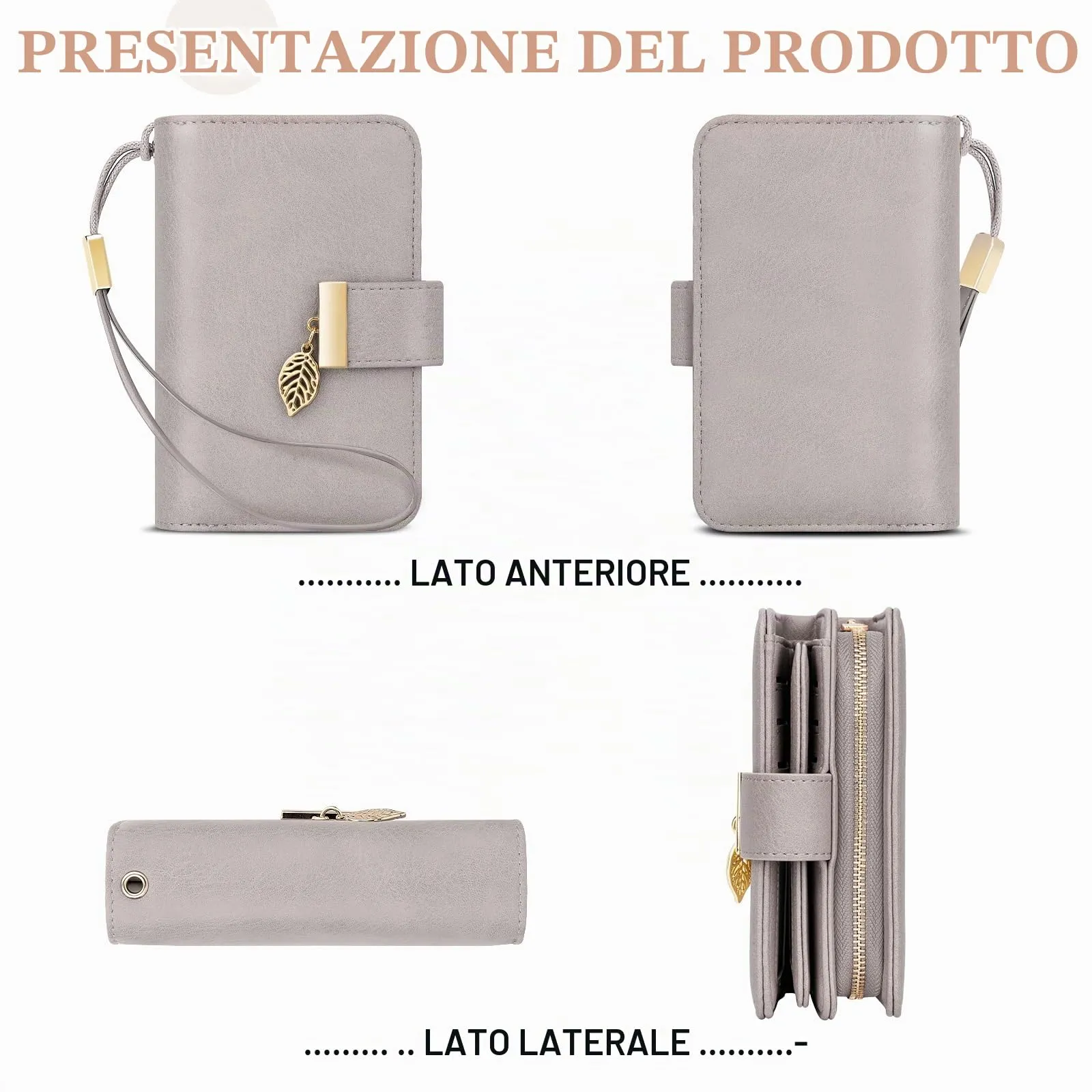 Faneam Portafoglio Donna in Pelle con Blocco RFID, Portamonete con Cerniera e Cordino, 14 Scomparti Carte (Grigio Chiaro) - immagine 2