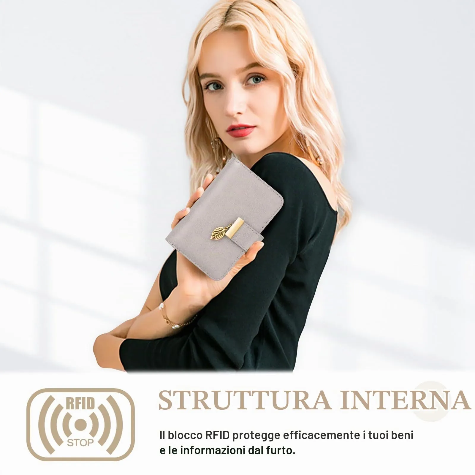 Faneam Portafoglio Donna in Pelle con Blocco RFID, Portamonete con Cerniera e Cordino, 14 Scomparti Carte (Grigio Chiaro) - immagine 3