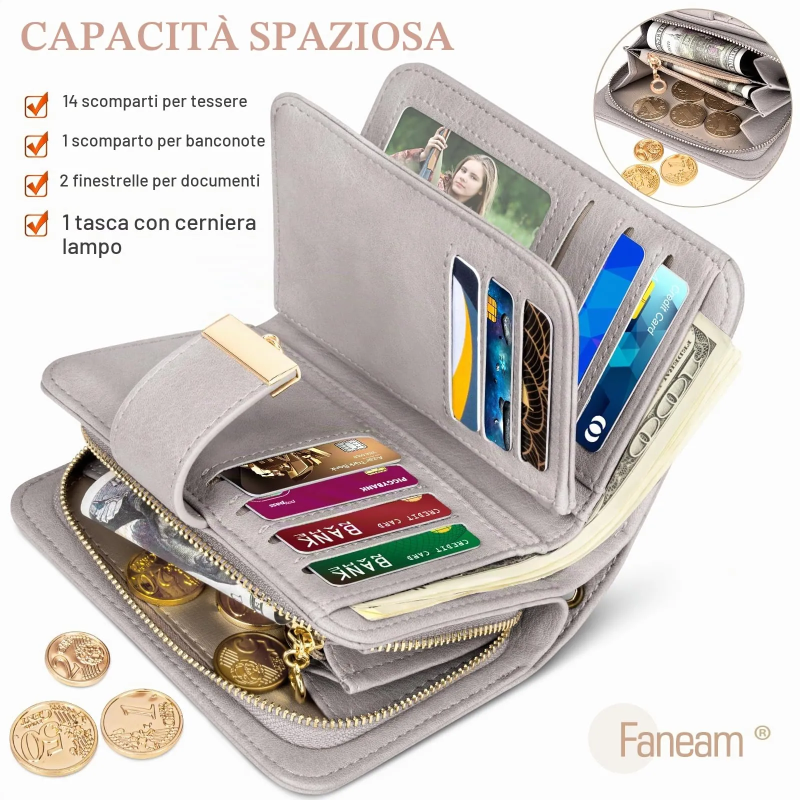 Faneam Portafoglio Donna in Pelle con Blocco RFID, Portamonete con Cerniera e Cordino, 14 Scomparti Carte (Grigio Chiaro) - immagine 4