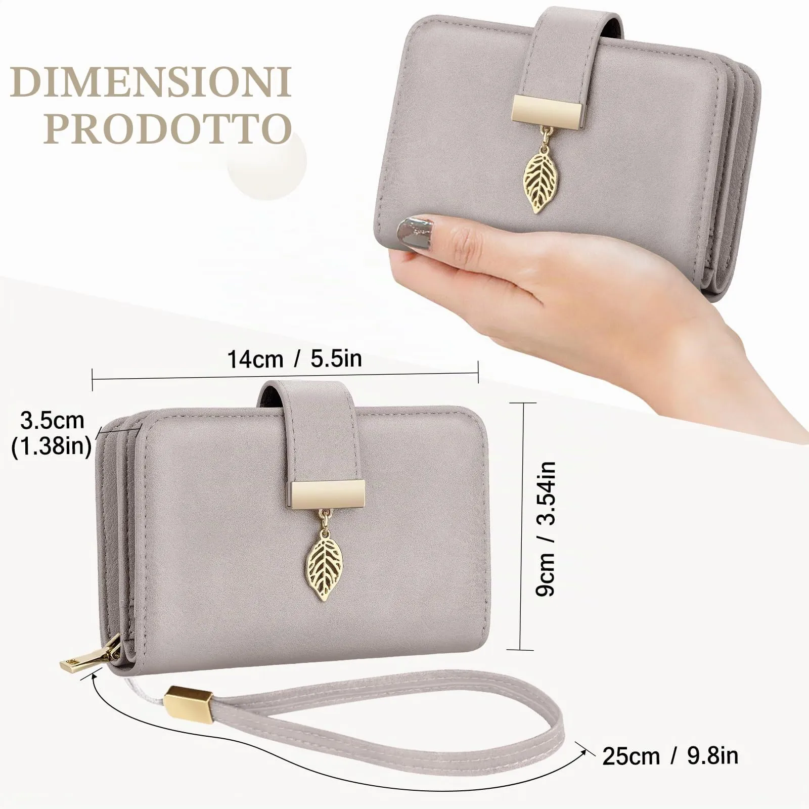 Faneam Portafoglio Donna in Pelle con Blocco RFID, Portamonete con Cerniera e Cordino, 14 Scomparti Carte (Grigio Chiaro) - immagine 5