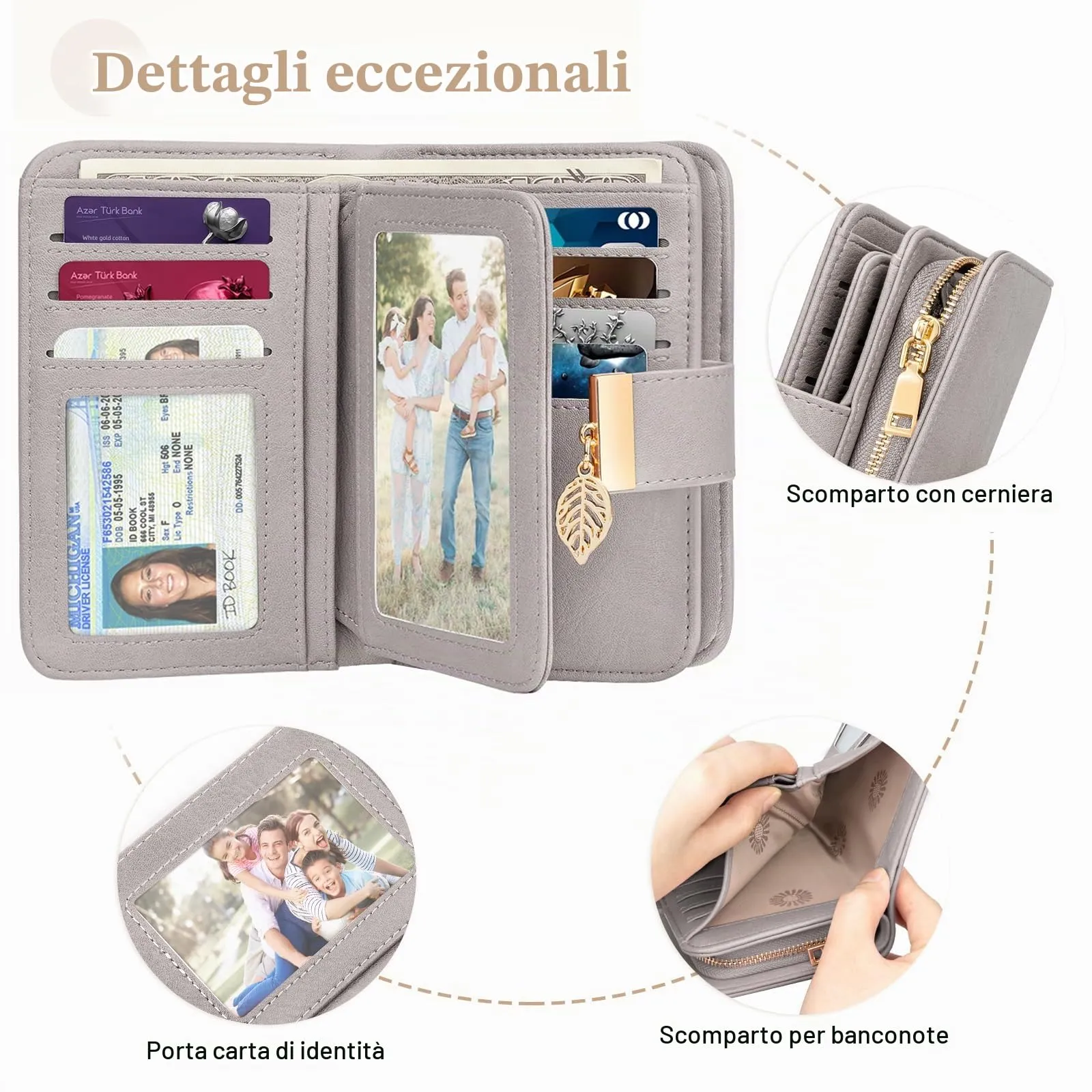 Faneam Portafoglio Donna in Pelle con Blocco RFID, Portamonete con Cerniera e Cordino, 14 Scomparti Carte (Grigio Chiaro) - immagine 6